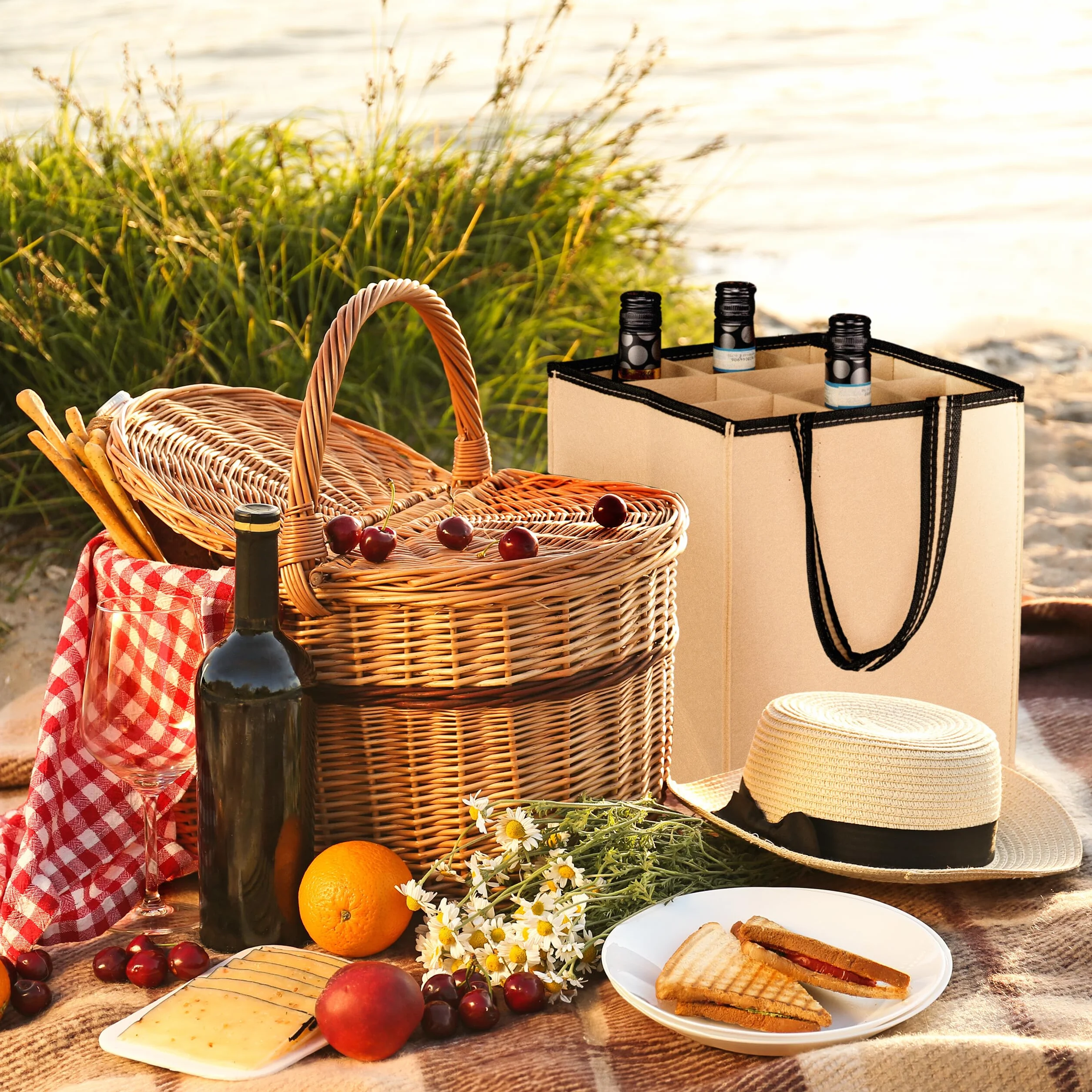 Relaxdays 9 Bolsas para 9 Botellas, Portabotellas de Fieltro, para Transportar la Compra, Cerveza, Agua, 45 x 24 x 24 cm, Beige