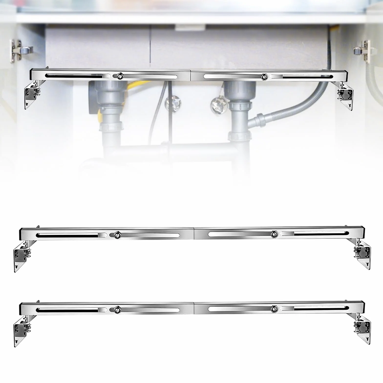 Juego de 2 soportes para fregadero bajo encimera, ajustables, soporte lateral sin costura, kit de montaje de acero inoxidable para distribución del peso, apto para fregaderos pesados y baño (51-80cm)