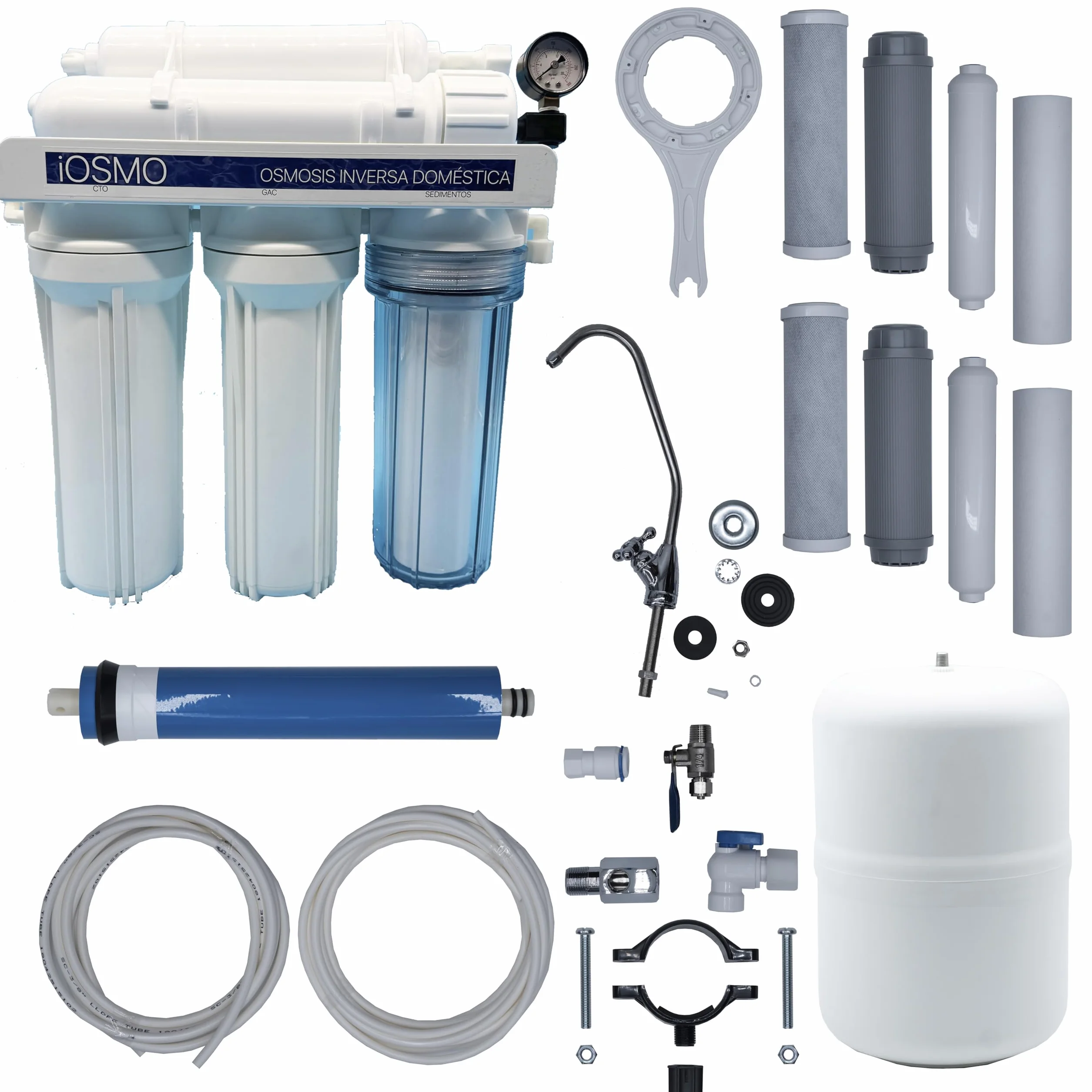 Equipo de Ósmosis Inversa Domestica iOSMO | Ósmosis Inversa 5 Etapas + 2 Recambio Filtros | Filtros y Membrana Universales | Diseño Exclusivo para iFONT (Fabricante: Hidro-Water S.L)