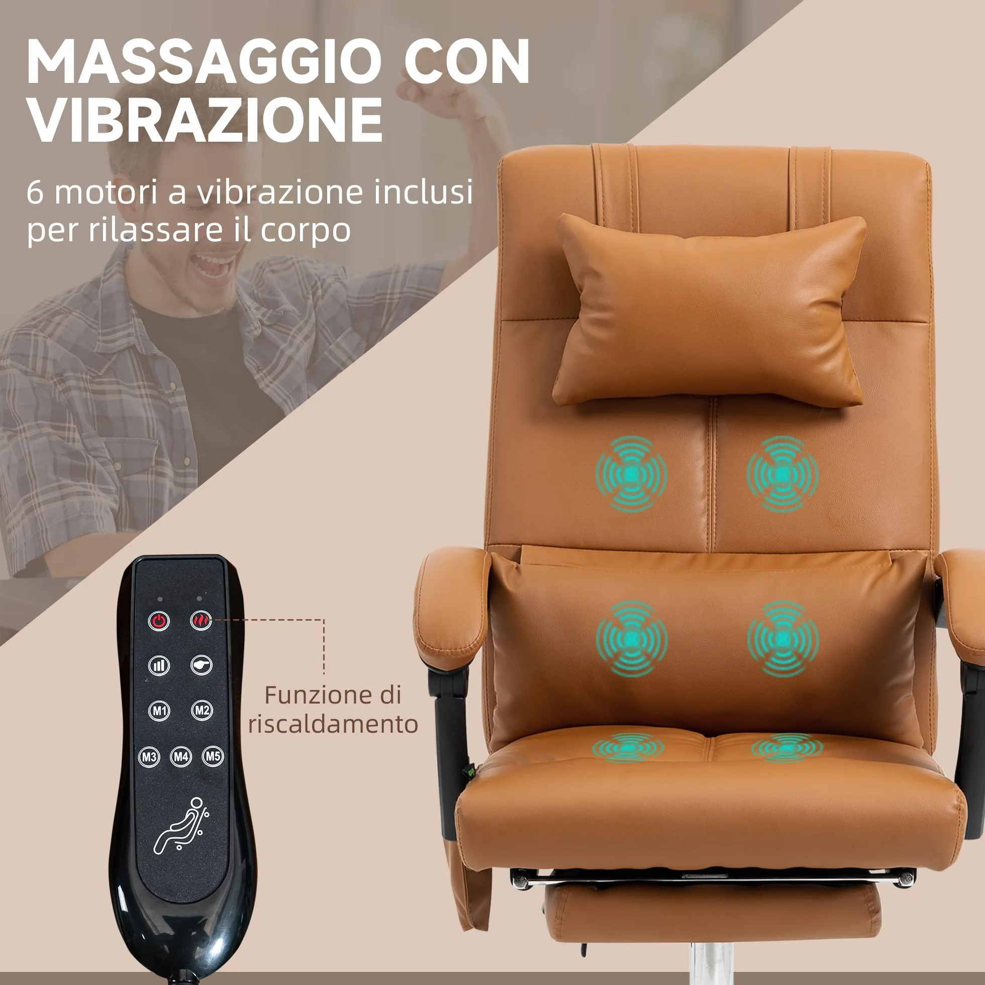 Vinsetto Silla de Oficina Ergonómica con Masaje y Calefacción, Silla de Escritorio Reclinable de Altura Ajustable con Respaldo Alto y Reposapiés, Cuero de PU para Ordenadores, Marrón Claro