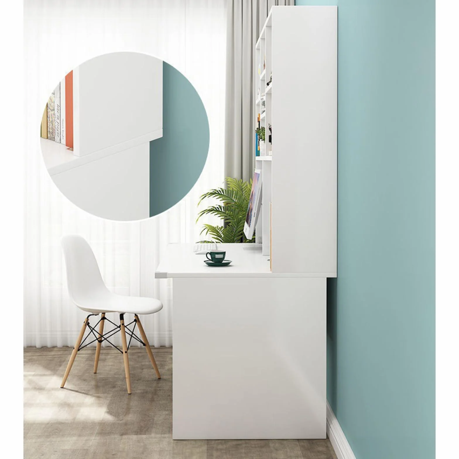 Escritorio compacto blanco para computadora con estantería y mesa de escritura de madera para espacios pequeños, ideal para estudio y estación de trabajo para adolescentes y estudiantes, artículos