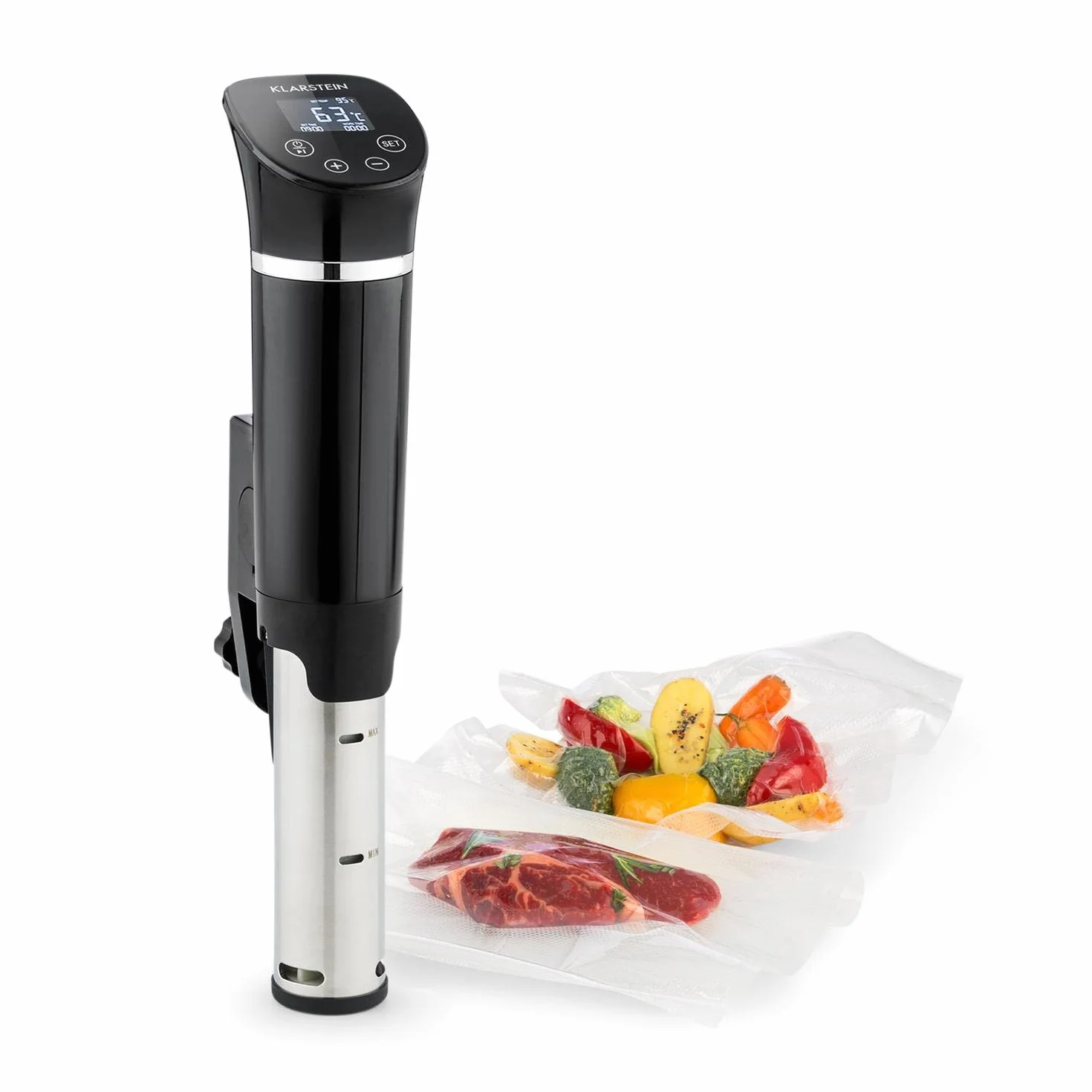 Klarstein Quick Stick Sous Vide térmica vakuumgar Schwarz Flex, Máquina de cocción al vacío, 1300 W, 0-95 °C, Pantalla LCD táctil, Resistencia al agua IPX7, Hasta 20 litros, Negro