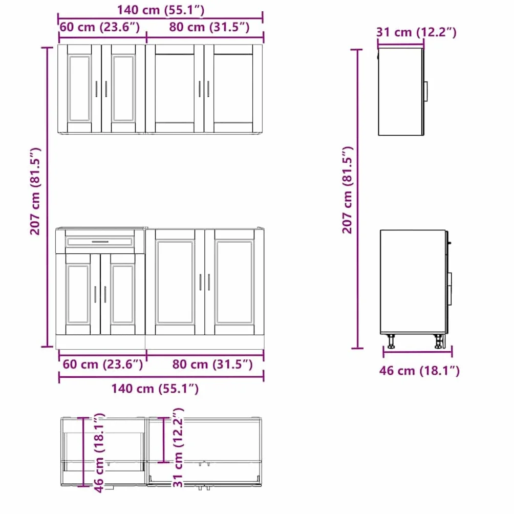 Mueble Cocina Kalmar Roble Sonoma 4 pzas Madera contrachapada