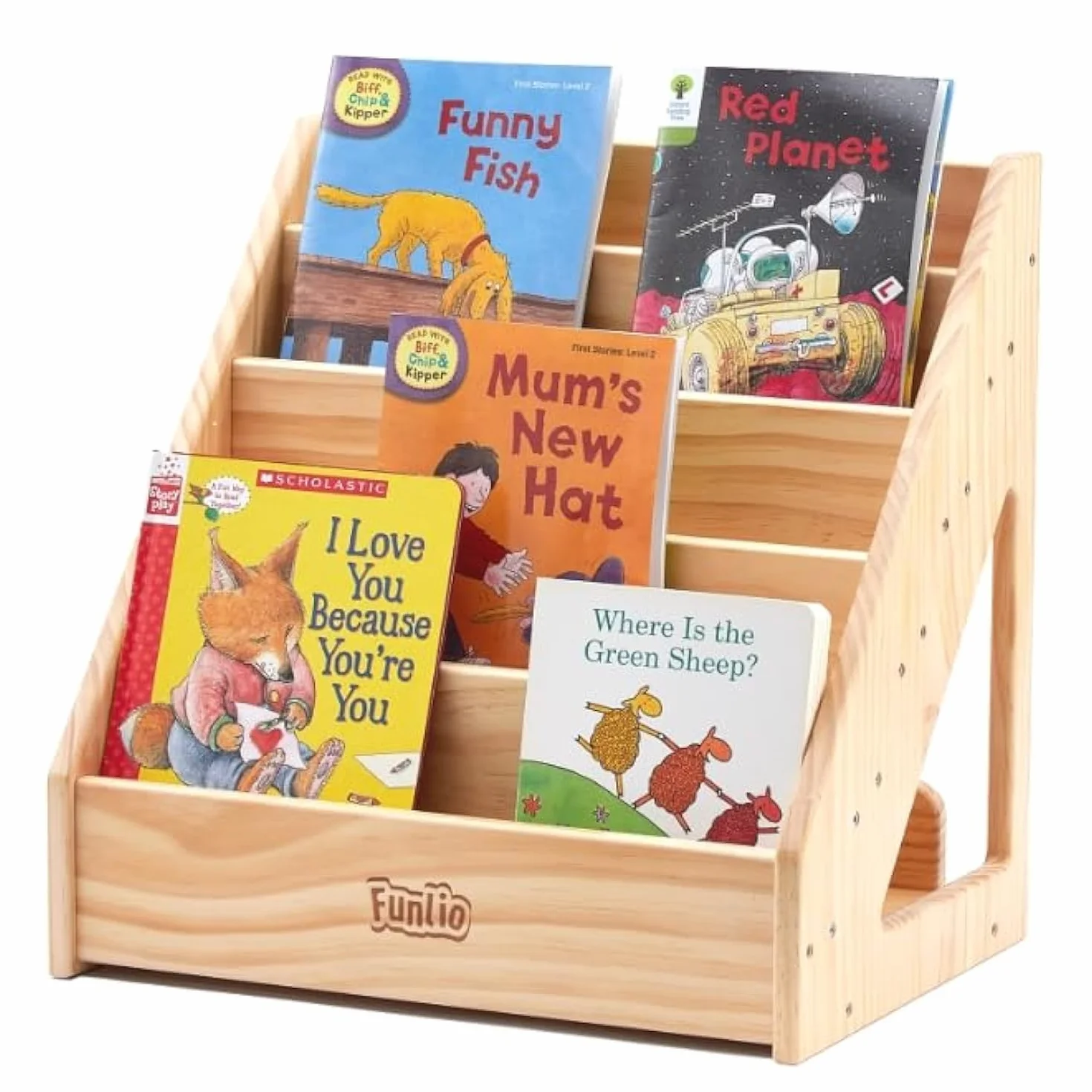 FUNLIO Estantería Montessori para niños de 1 a 5 años, estantería frontal para niños con asa y dispositivo antiinclinación, estantería de pino premium, Librería infantil para aula, aprobada por CE&CPC
