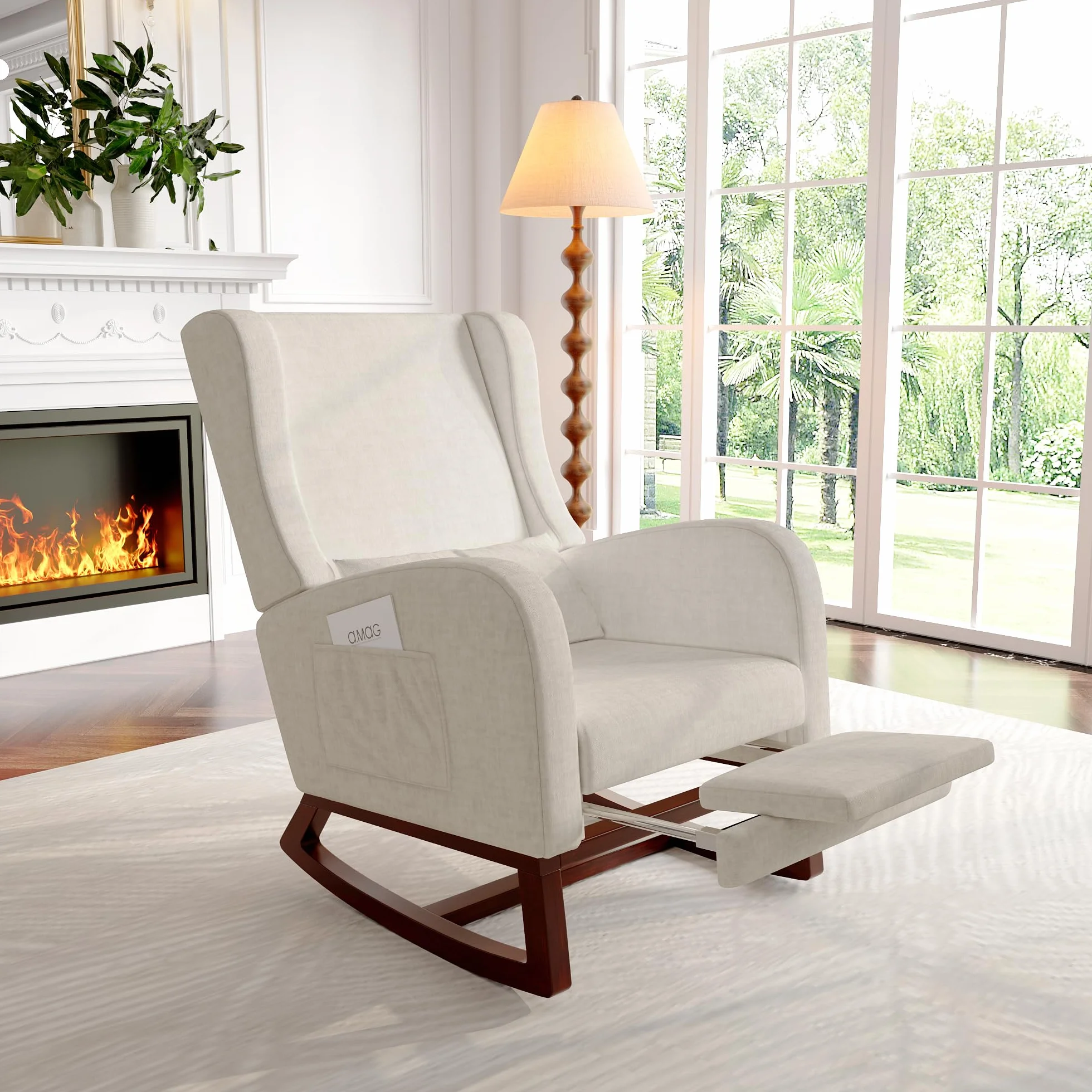Mecedora para relajarse, sillón balancín, Silla de lactancia, silla basculante con lana de oveja y cojín lumbar y 2 bolsillos laterales,cómoda sillaa de lectura para salón o dormitorio (Beige)