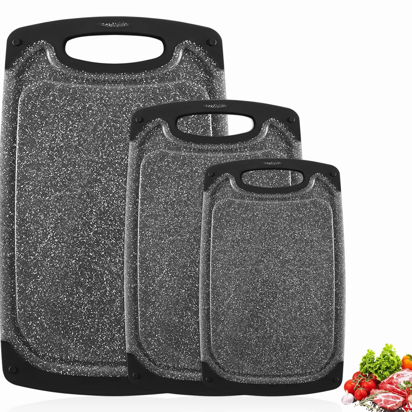 Tabla Cortar con Ranura Jugos Plástico Antideslizante 3 Piezas Accesorio Cocina para Verduras Carne Frutas Negro