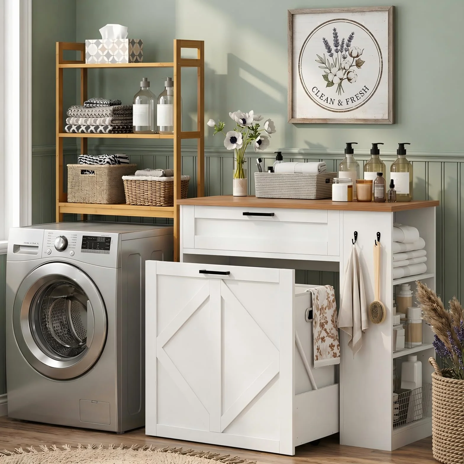 Armario de lavandería con 2 cestas extraíbles para la colada, cajón de almacenamiento, estantes ajustables y ganchos para baño, lavadero y cocina, color blanco y nogal