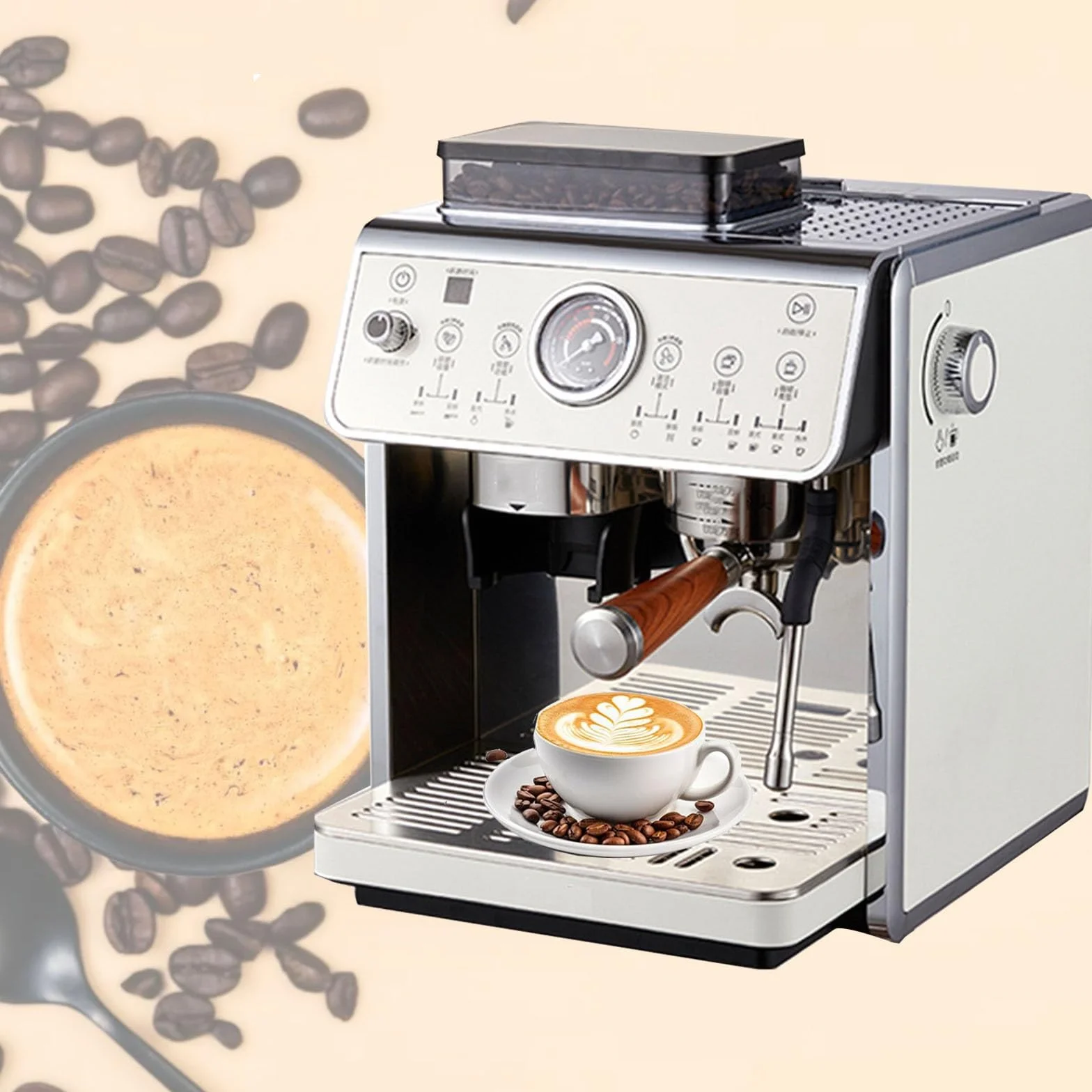Cafeteras de espresso con molinillo de 2200 W, cafetera espresso con vaporizador de leche, cafetera semiautomática for capuchino y latte de 25 bares con depósito de agua extraíble de 90 oz.