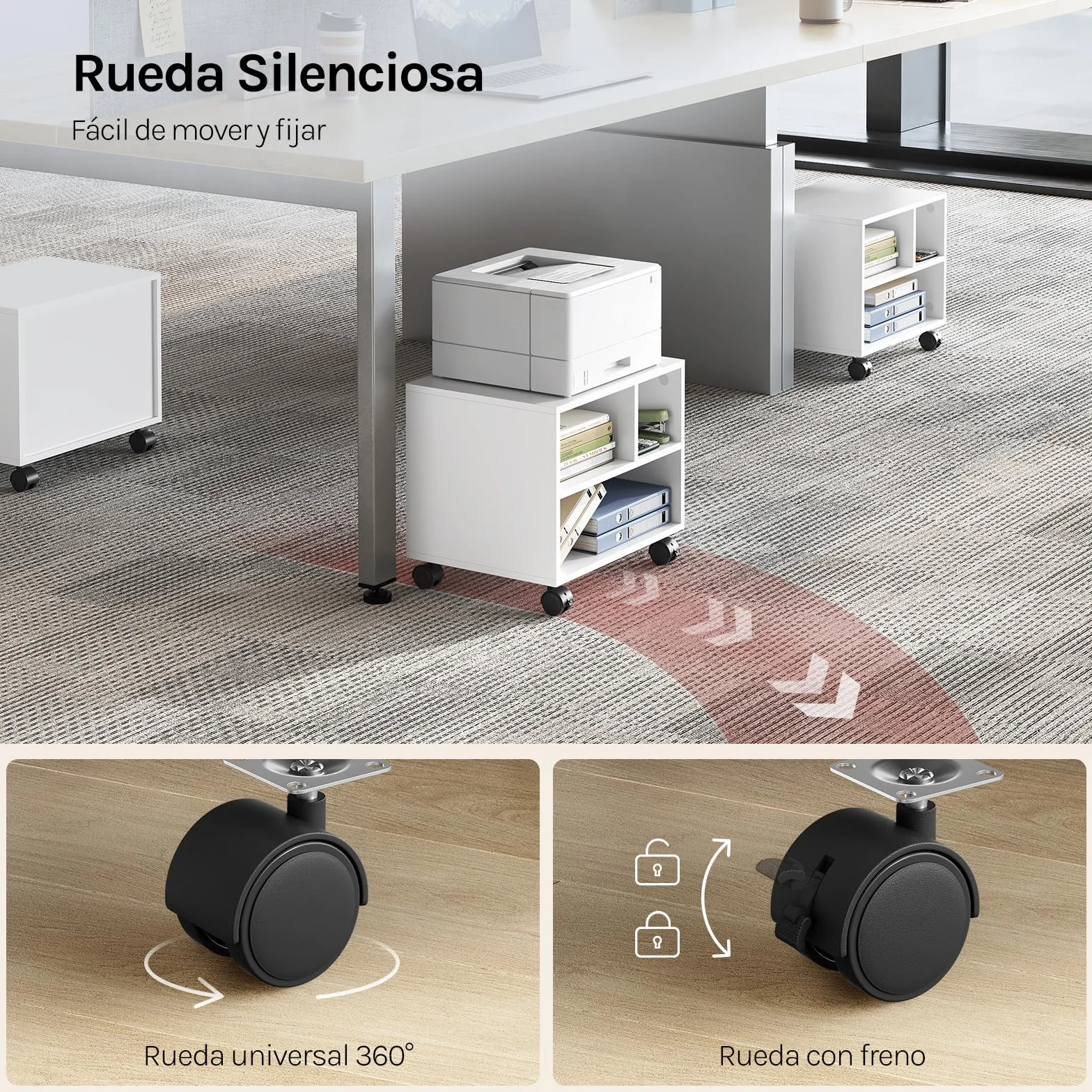 WOLTU Mesa para Impresora con Ruedas, Soporte de Impresora, Estantería Móvil, 3 Compartimentos, 40x30x35 cm, Blanco