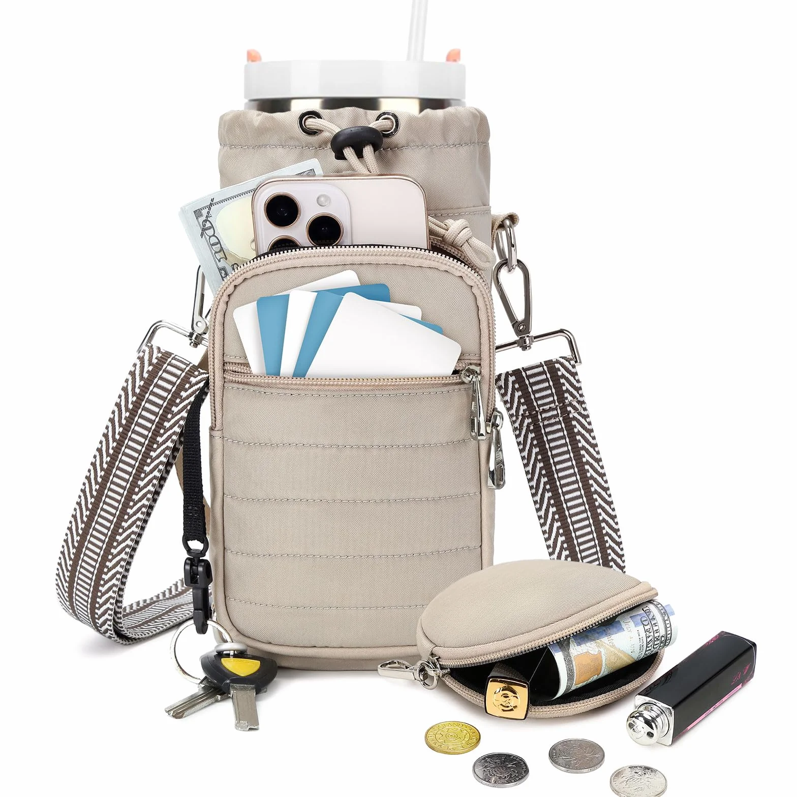 Bolsa de transporte para botellas de agua con correa, 32 onzas, 40 onzas, bolsa aislada para botella de agua con bolsillo para teléfono para caminar, senderismo, ciclismo