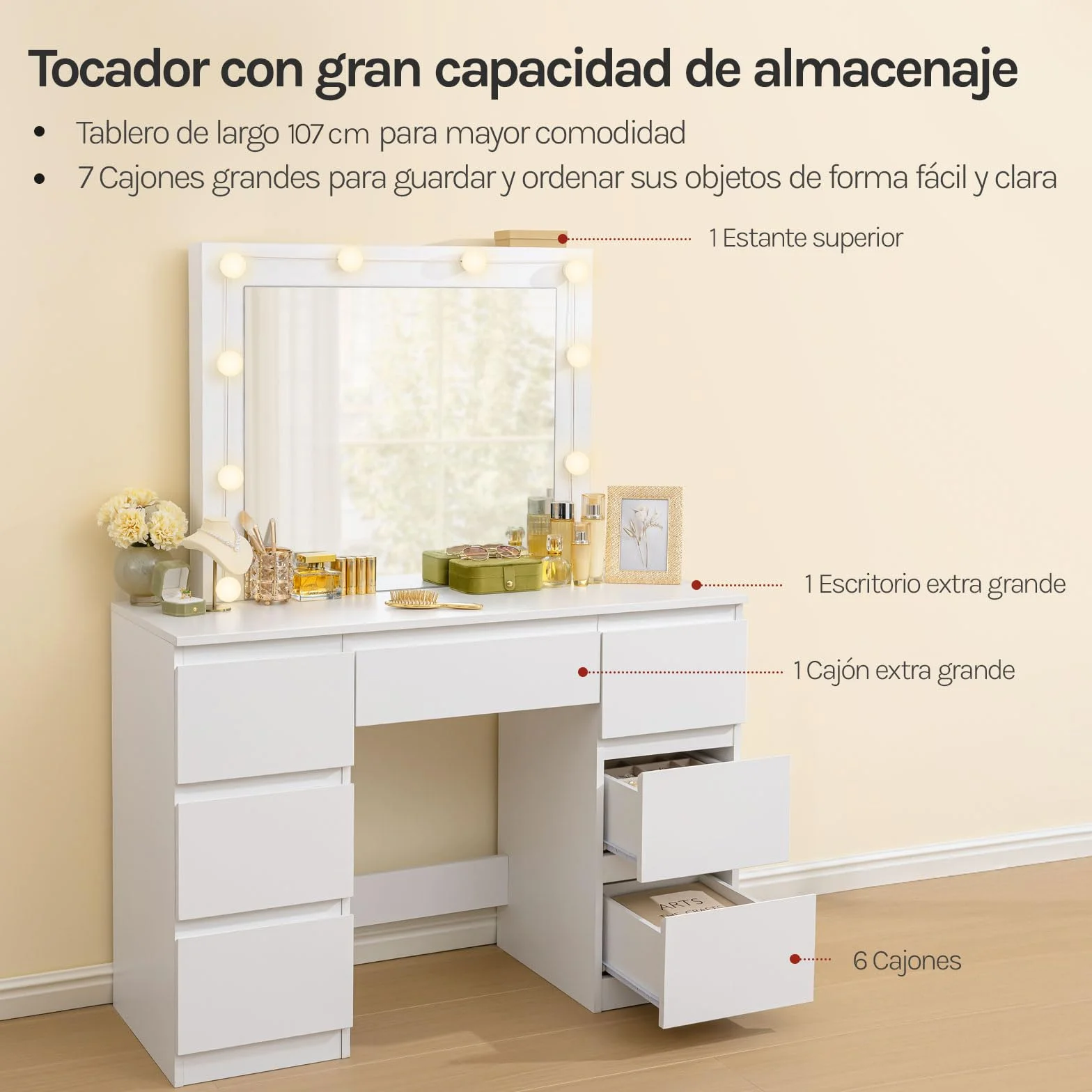 WOLTU Vanity de Maquillaje, Tocador de Maquillaje con Taburete, Tocador con Espejo y Luz LED, Luz Ajustable, con 7 Cajones, para Dormitorio, Sala de Belleza y Vestidor, 107x39,5x140,5 cm, Blanco