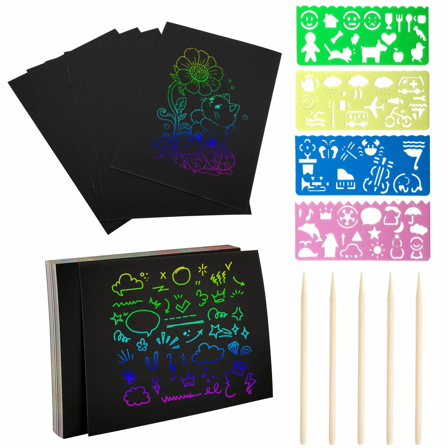 Set de bloc de dibujo para niños 50 hojas scratch art incluye lápices de madera y plantillas