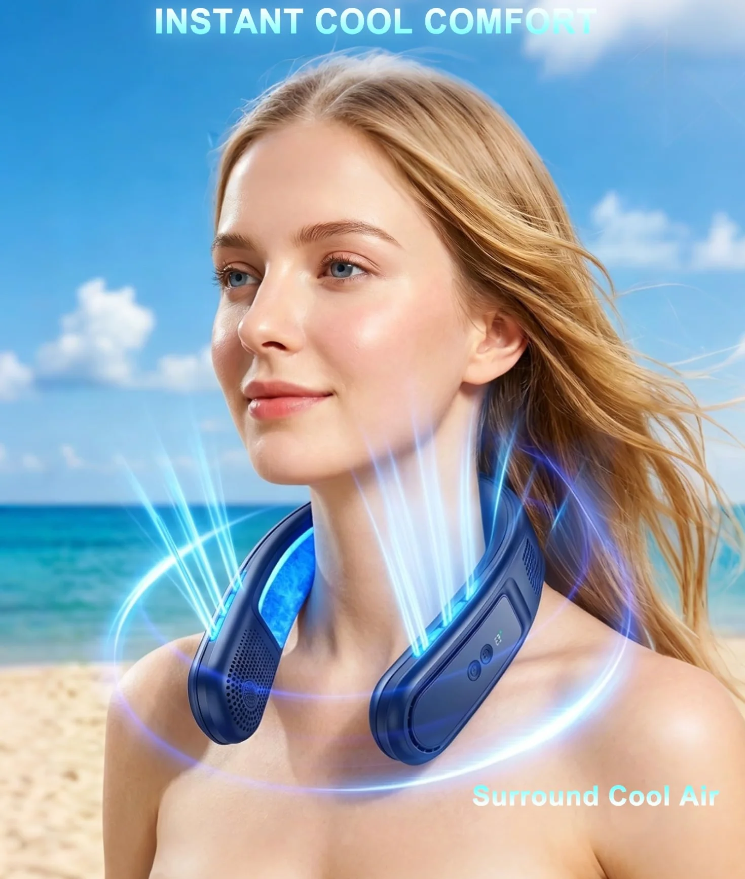 Ventilador de Cuello Portatil con 2 Placas de Enfriamiento de Hielo, Ventilador Cuello Aire Acondicionado Portatil Silencioso, Neck Fan Sopla Aire Frío para Viaje Playa Oficina Mujeres Hombres