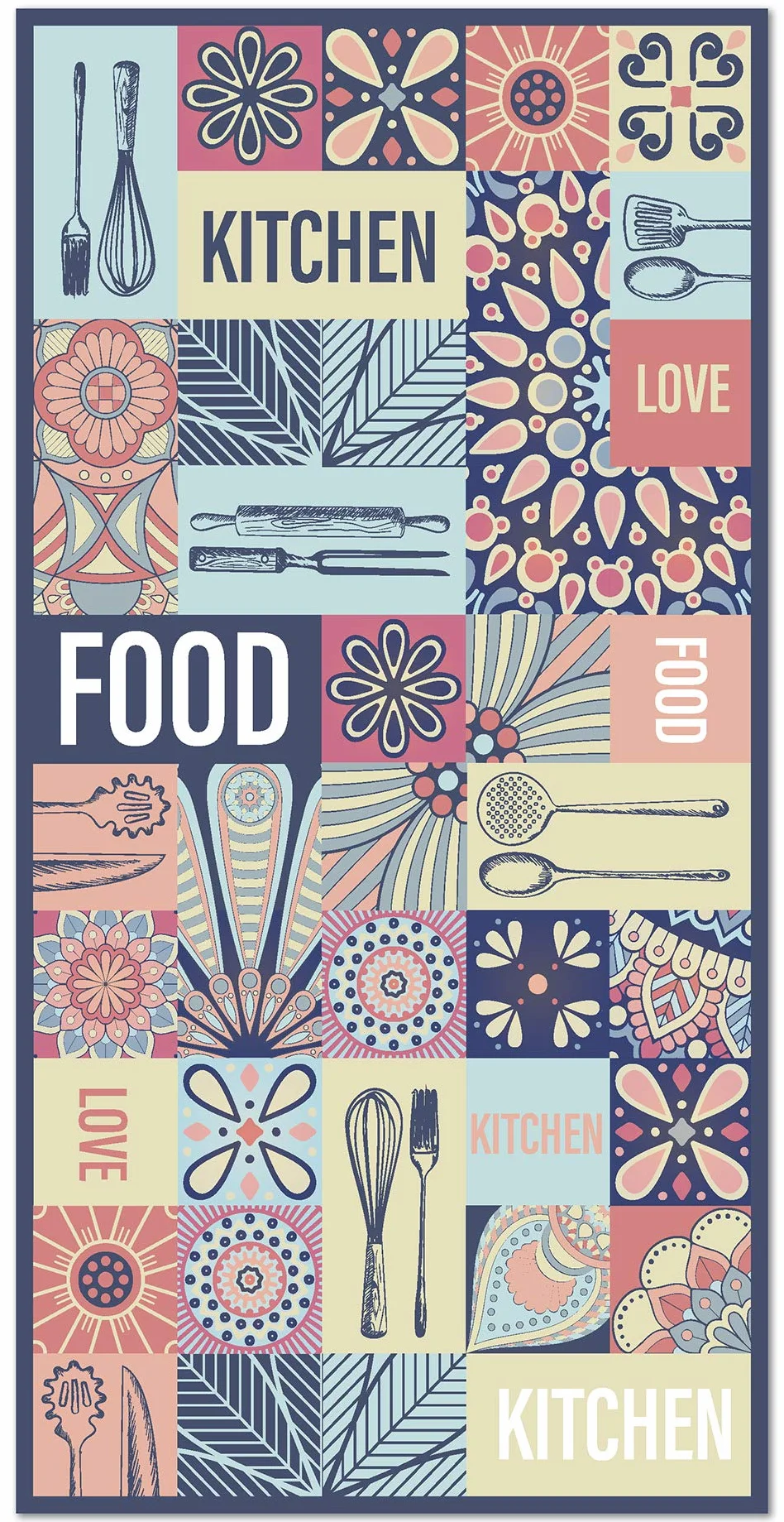 Panorama Alfombra Vinílica Cocina - Modelo Collage Palabras Baldosas Multicolor 80x150 cm - Varios tamaños - Decoración Hogar