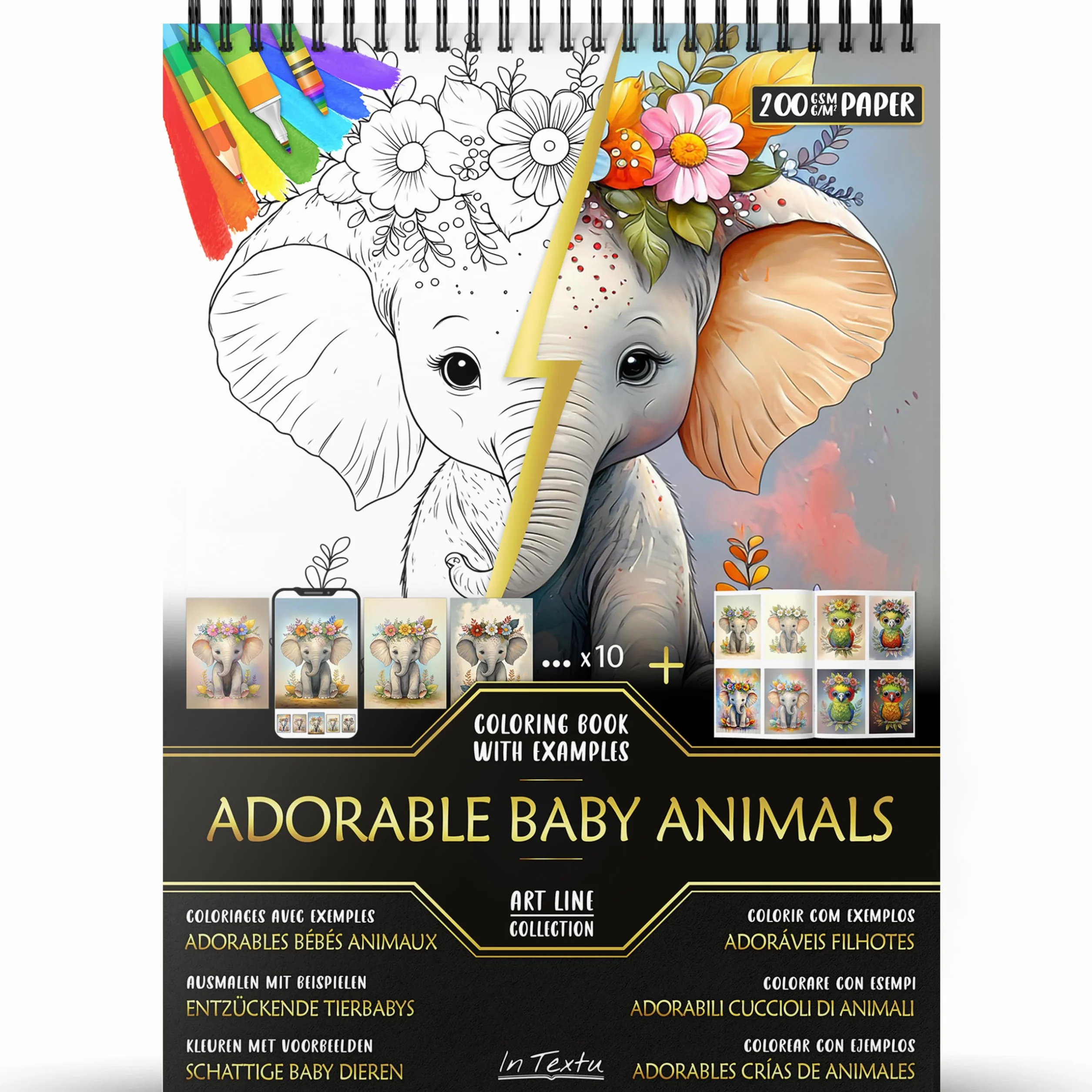 Adorables Crías de Animales Libro de Colorear para Adultos y Adolescentes Papel Premium 200 g/m² Encuadernación en Espiral
