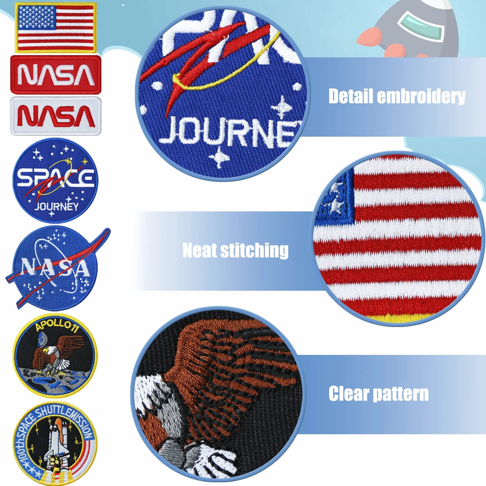 7 parches de la NASA, parches para planchar, insignia espacial para coser en transbordador espacial y parches de bandera de Estados Unidos para chaquetas, mochilas, gorras, bolsos, ropa