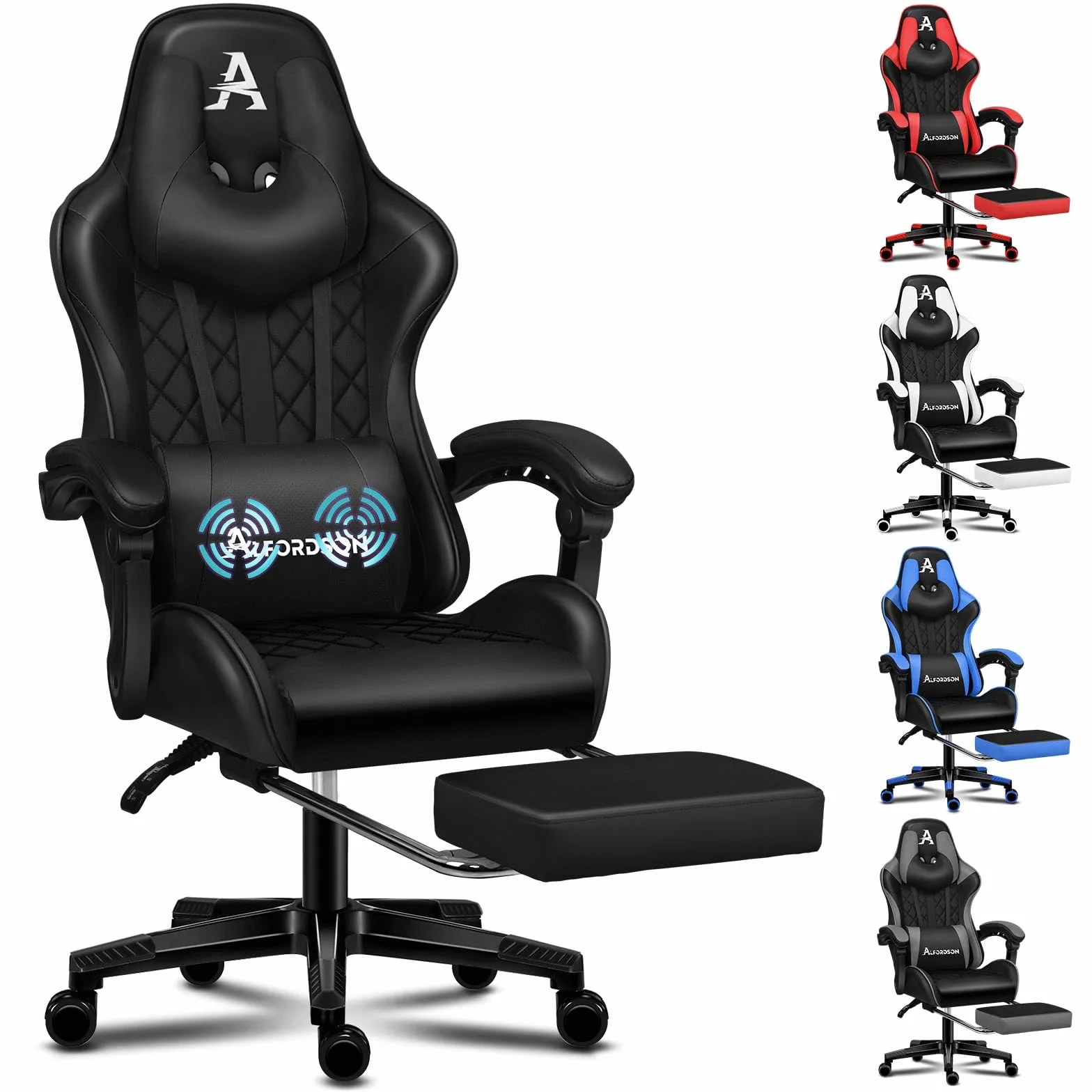 ALFORDSON Silla Gaming Ergonómica Masaje Reclinable con Cojín Lumbar y Cervical,Silla Gamer con y Reposapiés Retráctil,Altura Ajustable, para Ordenador,Videojuego,Escritorio,Oficina, Cuero PU(Negra)