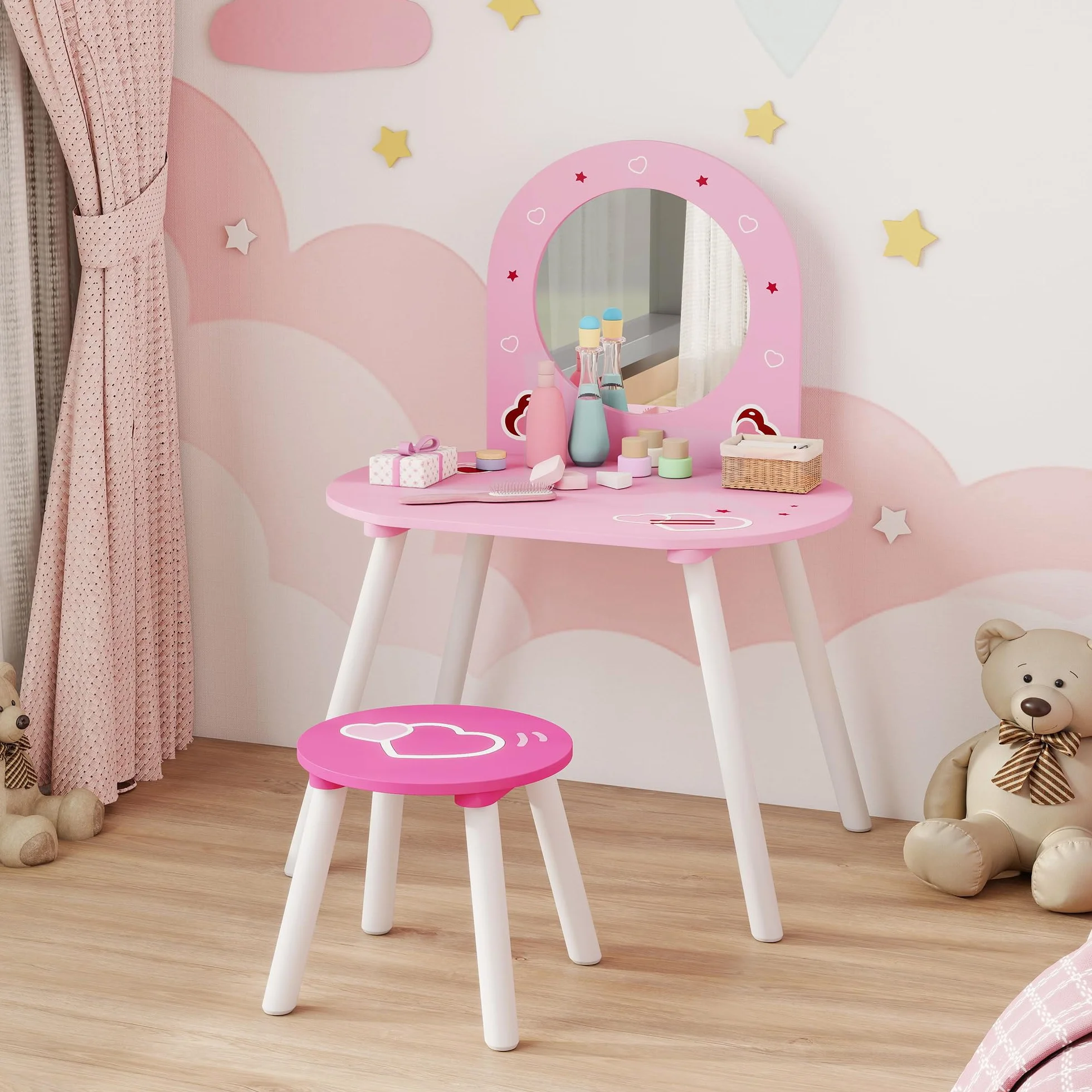 AIYAPLAY Tocador Infantil con Taburete y Espejo, Mesa de Maquillaje para Niñas 3-6 Años, Rosa
