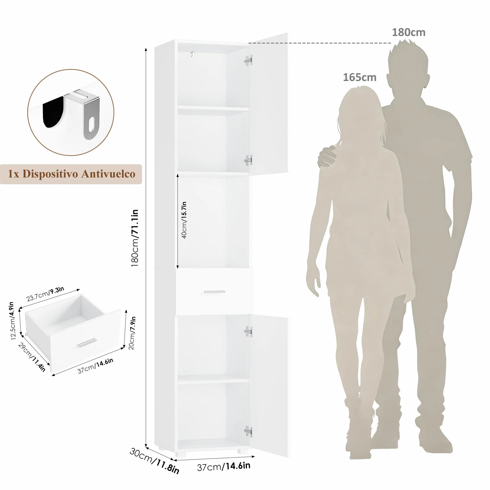 FOREHILL 180cm Mueble Columna Baño, Armario Baño Alto, Mueble Auxiliar Armario Estrecho y Alto, Madera, con 2 Puertas, 1 Cajón, Moderno, Blanco 37x30x180 cm
