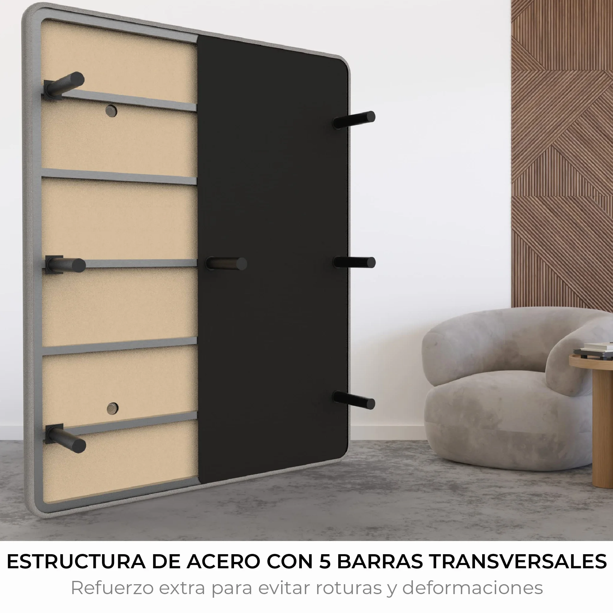NALUI - Base Tapizada 135x190 cm de Acero con 7 patas de Altura 25cm, Gran Estabilidad con 5 Barras Transversales, Tejido 3D Transpirable y 4 Válvulas de Aireación | Fabricado en España | Gris