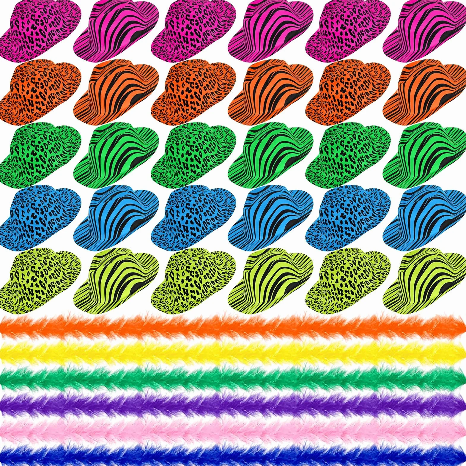 JaGely Paquete de 60 suministros de fiesta de neón que incluyen 30 sombreros de fiesta de plástico con estampado de animales de neón y 30 boas de plumas para cumpleaños, despedida de soltera, carnaval