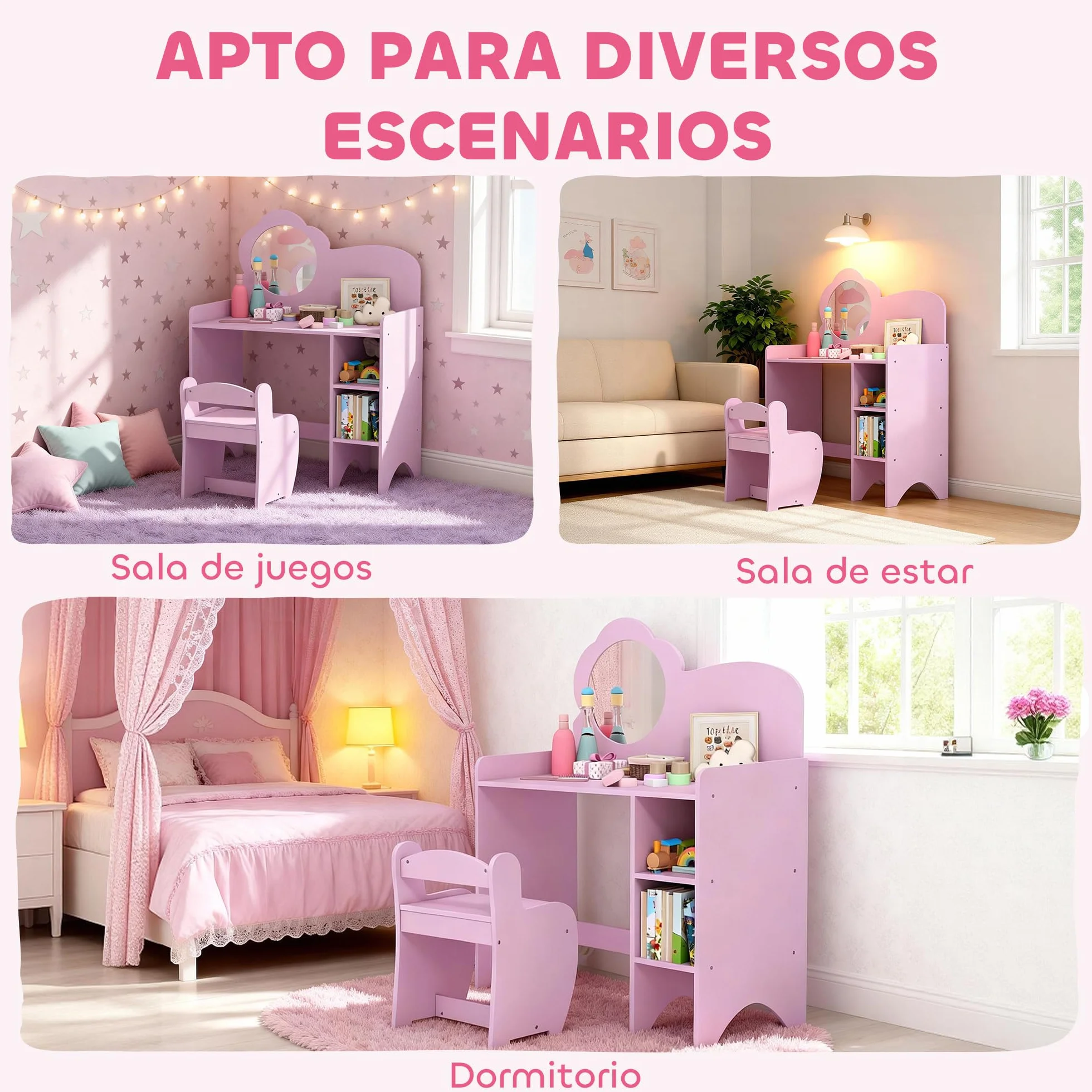AIYAPLAY Tocador de Maquillaje Niña 2 en 1 Escritorio Infantil con Taburete Espejo Flor Estantes Abiertos Morado