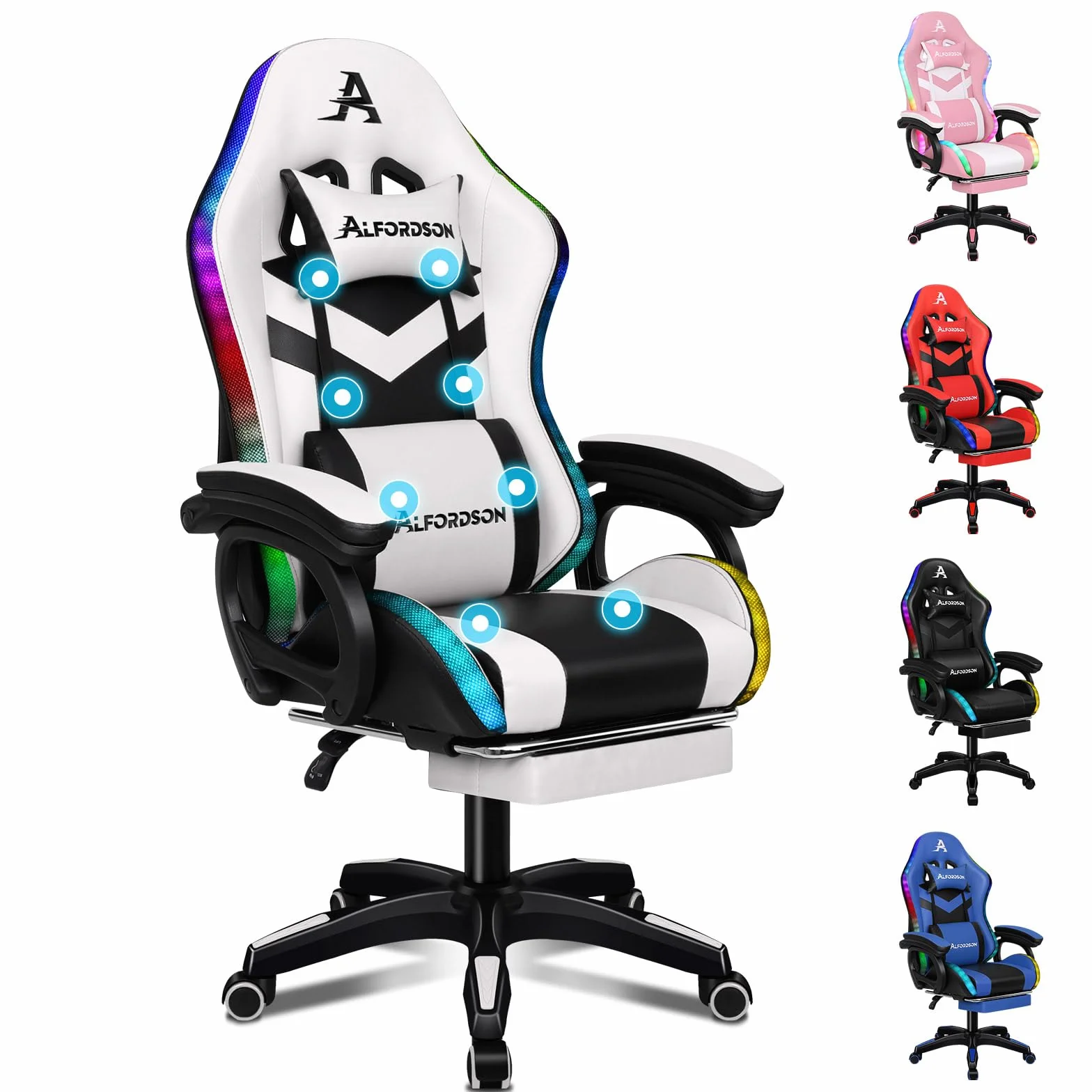 ALFORDSON Silla Gaming con Masaje y LED, Silla Gamer Ergonómica con Cojín Lumbar y Cervical, Reposapiés Telescópico, Iluminación para Ordenador, Videojuego, Juegos, Oficina, Cuero PU(Blanca)