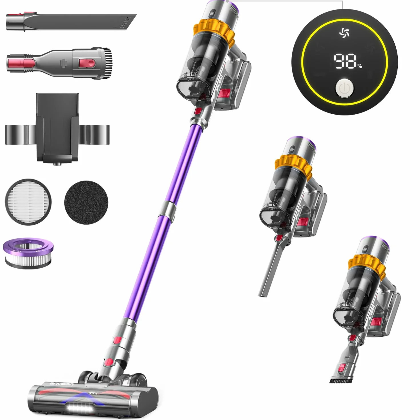 48Kpa/600W/70Mins Aspiradora sin Cable, Aspiradora Escoba sin Cable de 1.6 L/Pantalla Táctil LED,Capa de Filtración de 8 Etapas, Autocargable,Adecuado para Suelos/Alfombras/Pelo de Animales