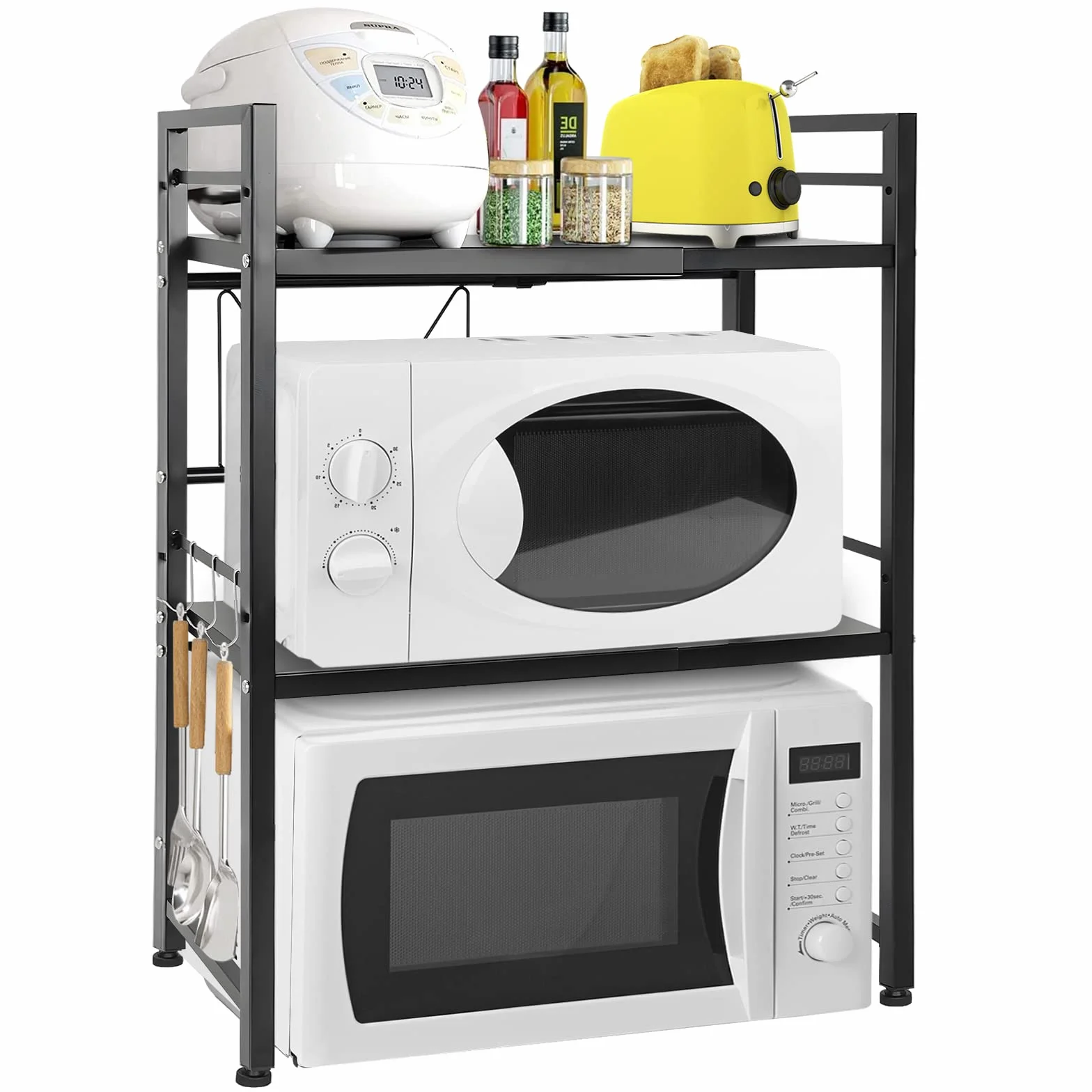 OUUTMEE Estantería expandible para microondas, estantería para microondas ajustable en altura de acero al carbono, organizador de mesa de cocina plegable para tostadora (negro de 3 niveles)