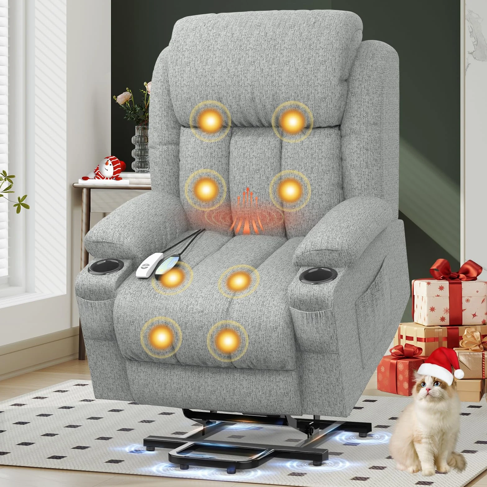 YONISEE Sillon Relax Reclinable 150º Sillón Masaje Con Calefacción, Función Auto-Ayuda (Levanta Personas), Puerto USB+Tipo C, Portavasos Bolsillos Laterales Sillones Reclinables Electricos Butaca Sofa