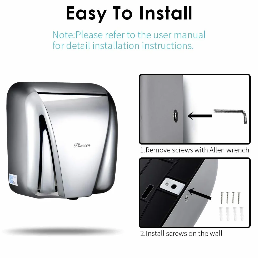 Secador de mano de acero inoxidable automático comercial eléctrico secador de mano montado en la pared para baño cocina, secado rápido de 1800 W en 10 segundos (plata)