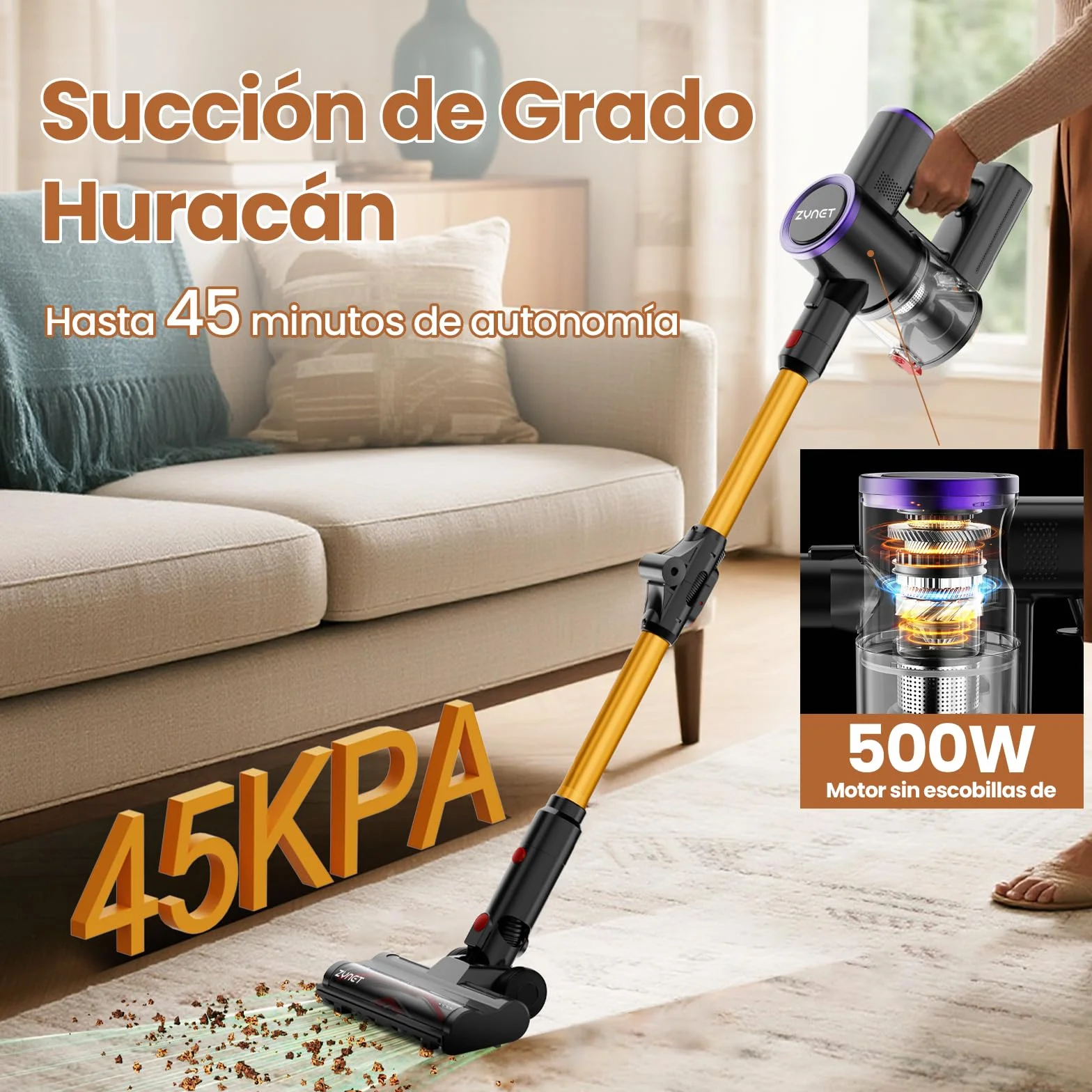 Aspiradora sin Cable Escoba S9,45KPA/550W Aspiradora Inalámbrica con Tubo Plegable y Base de Carga Mural,Luz Verde,Motor Sin Escobillas,hasta 45 Min,para Pelo de Mascotas,Suelos y Alfombras