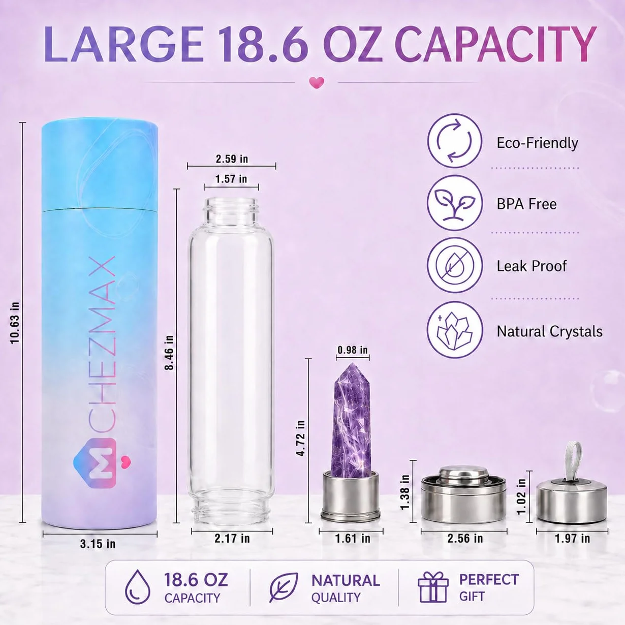 ChezMax Botella de agua de cristal con cristal natural extraíble