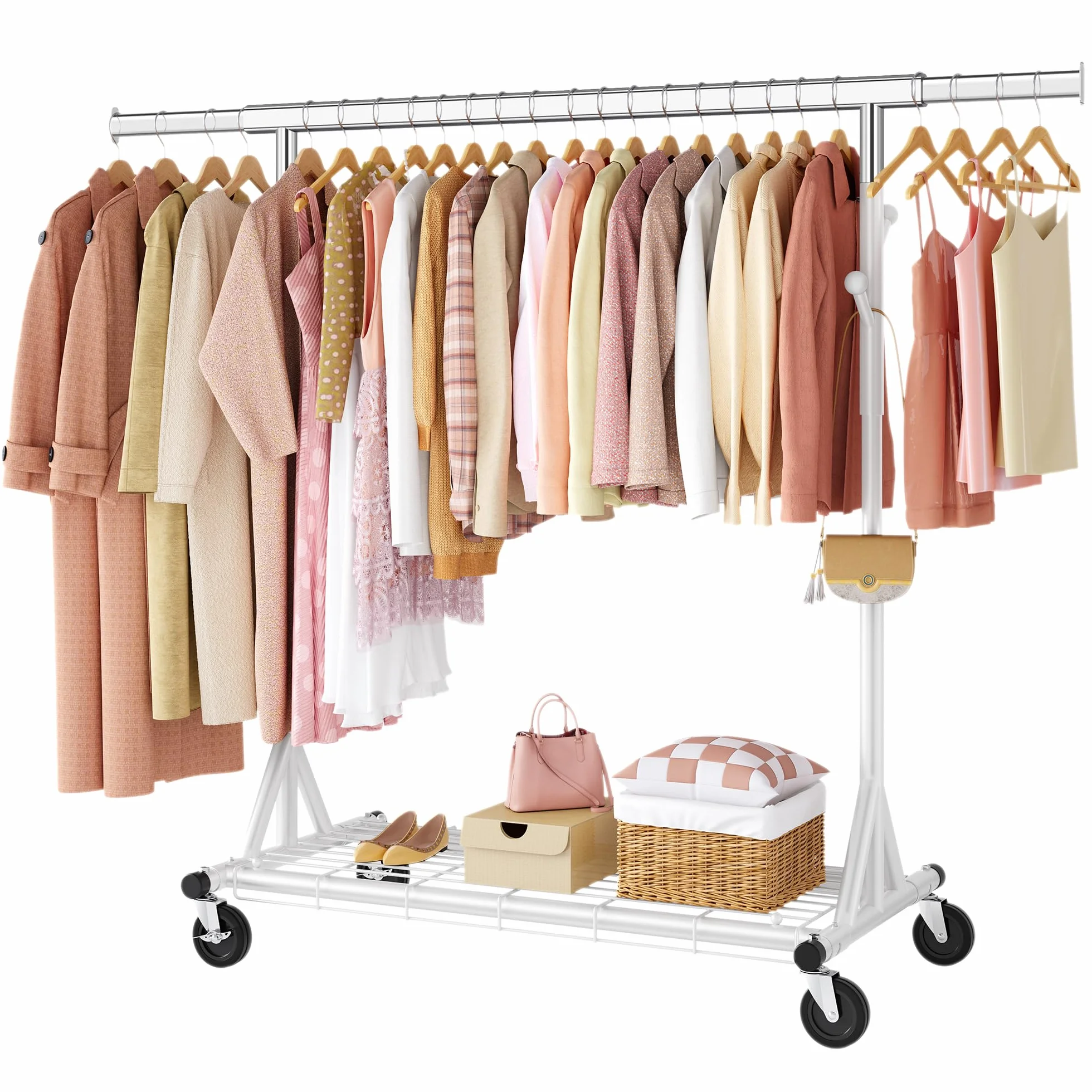 FAVOOSTY Perchero de ropa resistente, Extensible y ajustable, Perchero con ruedas y estantes bloqueables para dormitorio, Sala de estar, Hasta 150 kg, Blanco