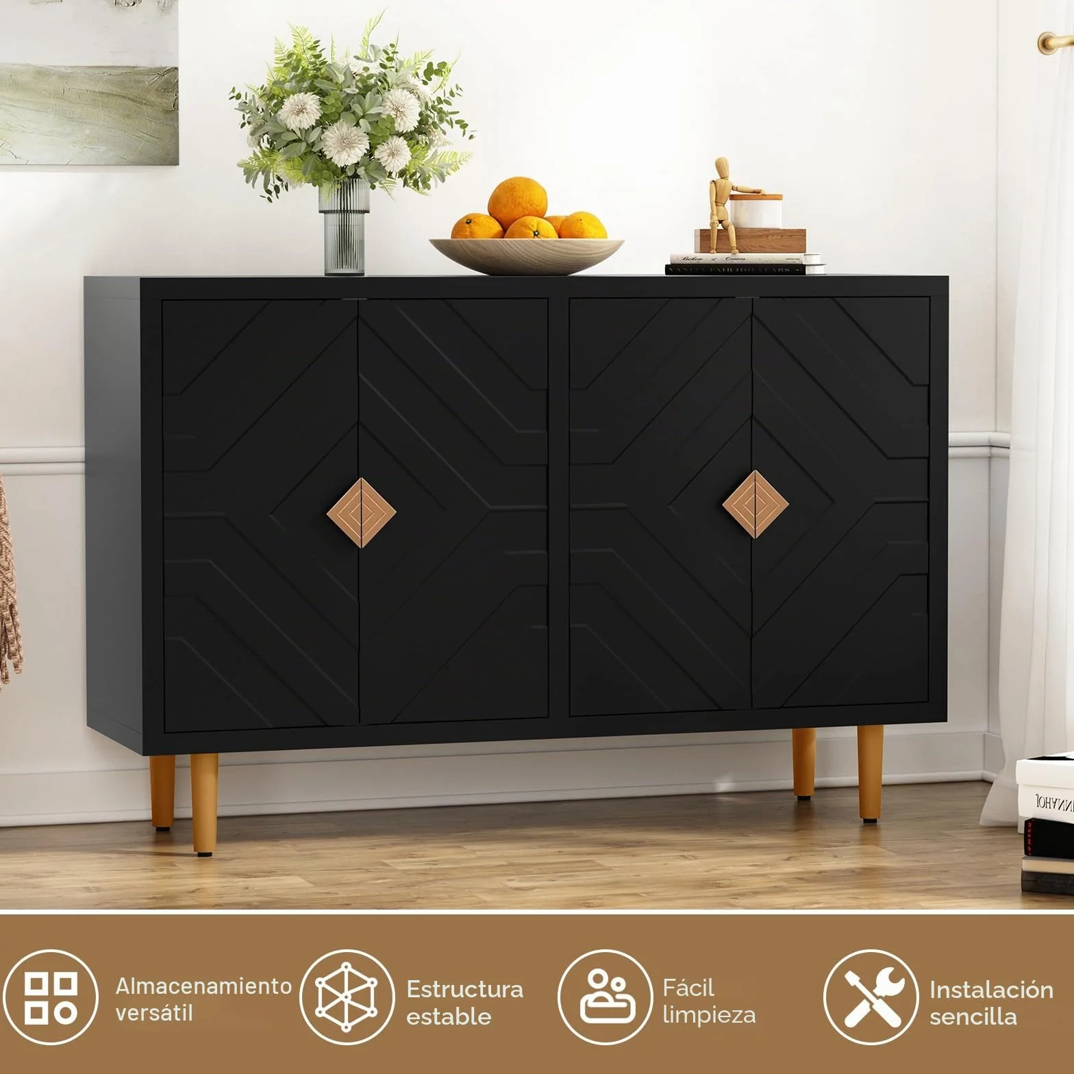 HOLTICO Cómoda de 4 puertas, armario de cocina, armario de almacenamiento, armario para salón, cocina, dormitorio, negro