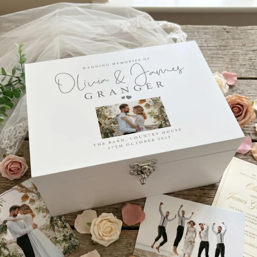 Caja de recuerdos de boda personalizada de lujo, color blanco, línea superior, nombres personalizados, apellidos, ubicación y fecha, regalo de boda, 27 x 19 x 14 cm