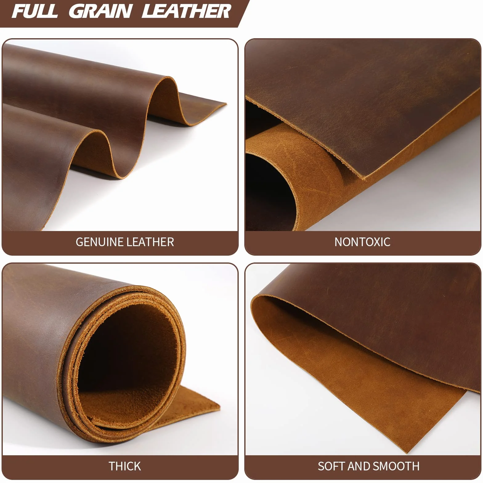 RingSun Hojas de cuero genuino de 12 x 24 pulgadas para manualidades, cuero de grano completo (2 mm) de grosor, piezas cuadradas de cuero vacuno marrón oscuro