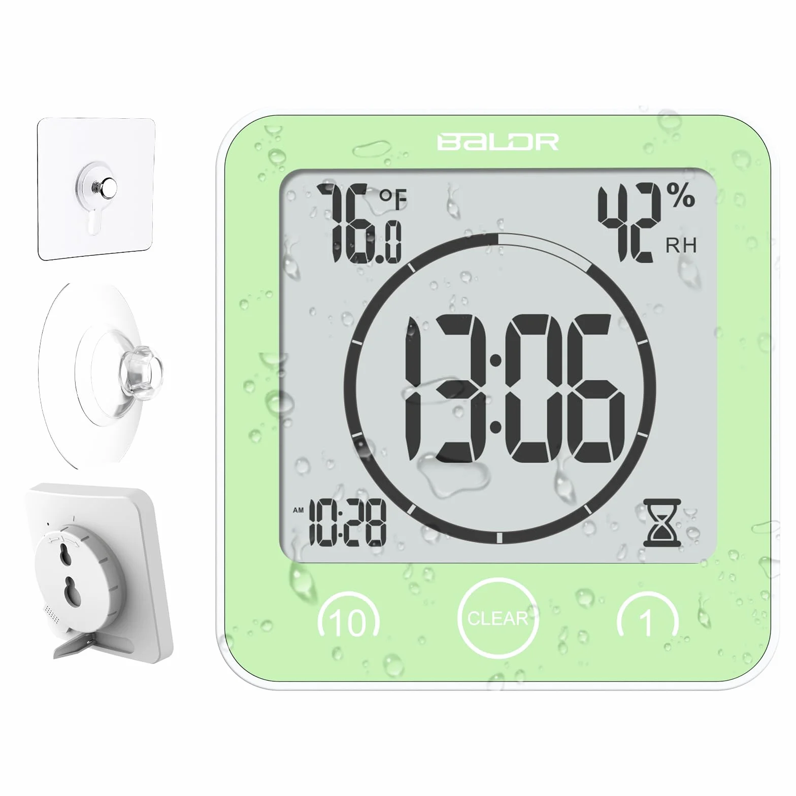 BALDR Reloj de Ducha LCD Impermeable 4.16 x 1.63 x 4.32 Pulgadas Verde