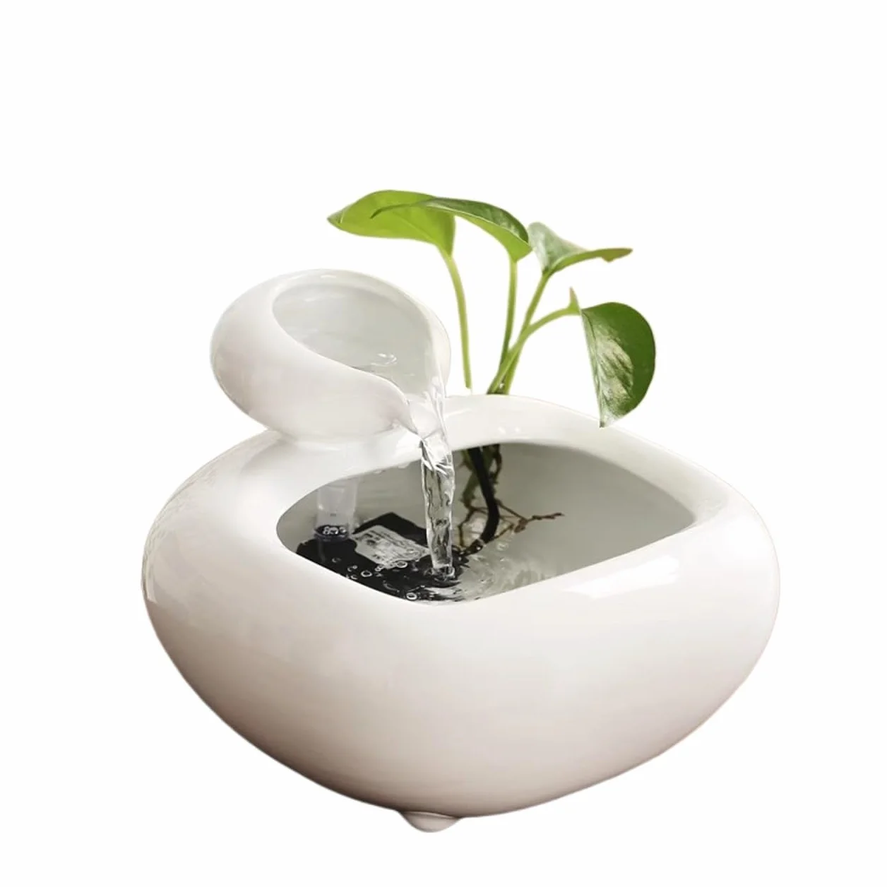 Fuente de sobremesa Fuente de Escritorio de cerámica for circulación de Agua, invitación de Riqueza, decoración de Oficina, Mesa de té, pequeña decoración Cascada de Interior(Blanco)