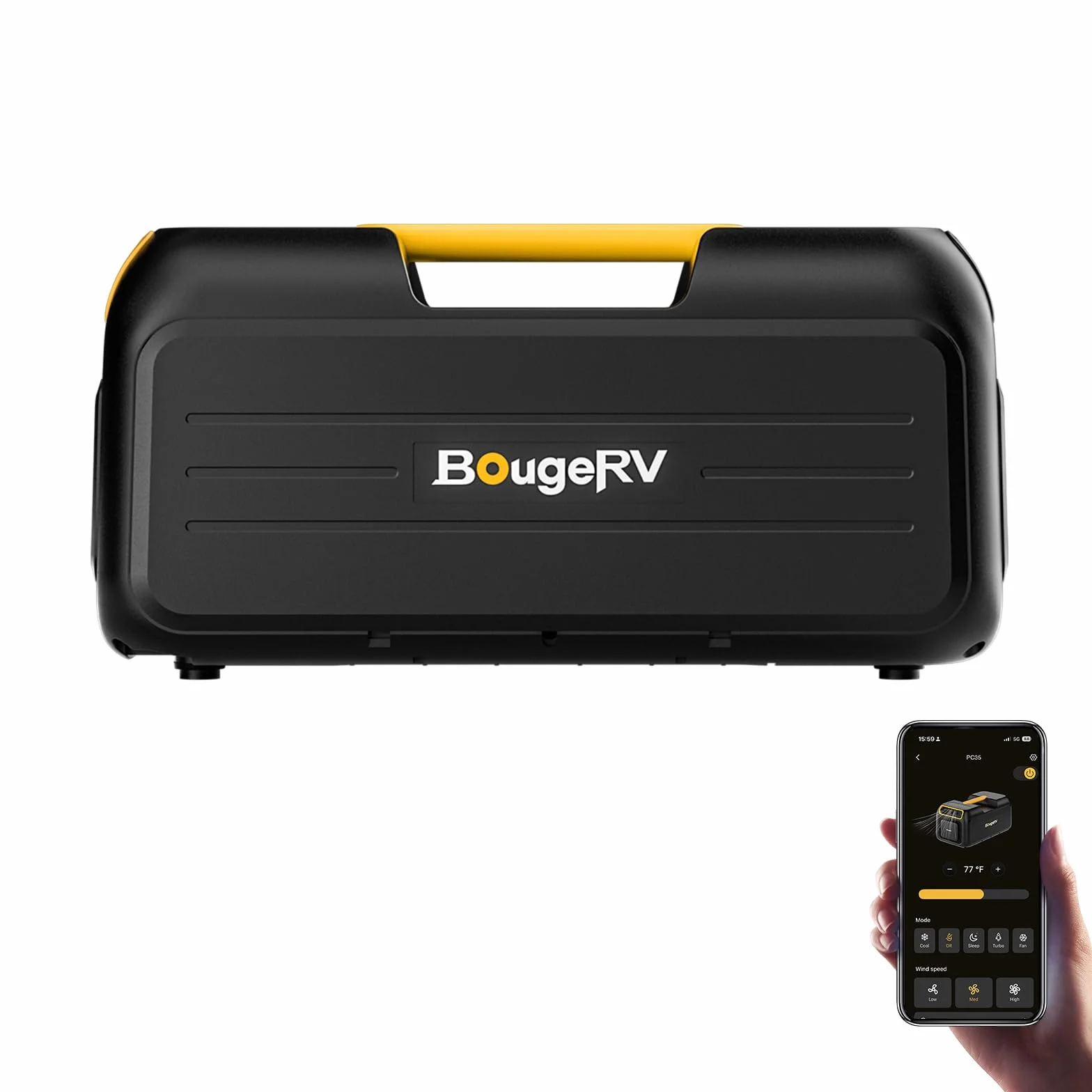 BougeRV Aire Acondicionado Portátil Camping 3500 BTU, Mini Enfriamiento Rápido 10 Min, Control App, 5 Modos, Gas R290, CA 100V-240V, para Tienda de Campaña, Furgoneta, Camper