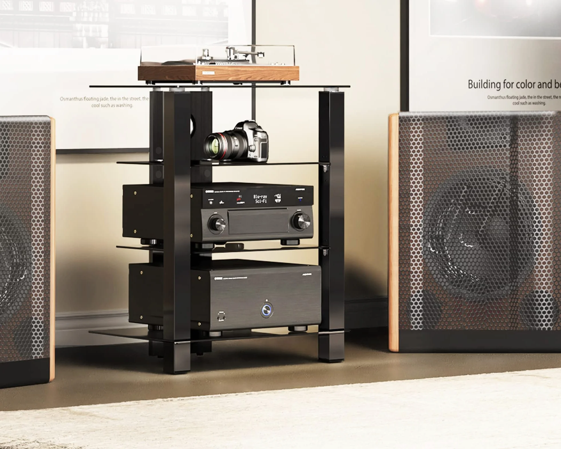 FITUEYES Mueble HiFi Negro con 4 Estantes de Cristal Templado,Mueble HiFi Mesa con 3 Columnas y Gestión de Cable,57 * 42 * 73.9cm