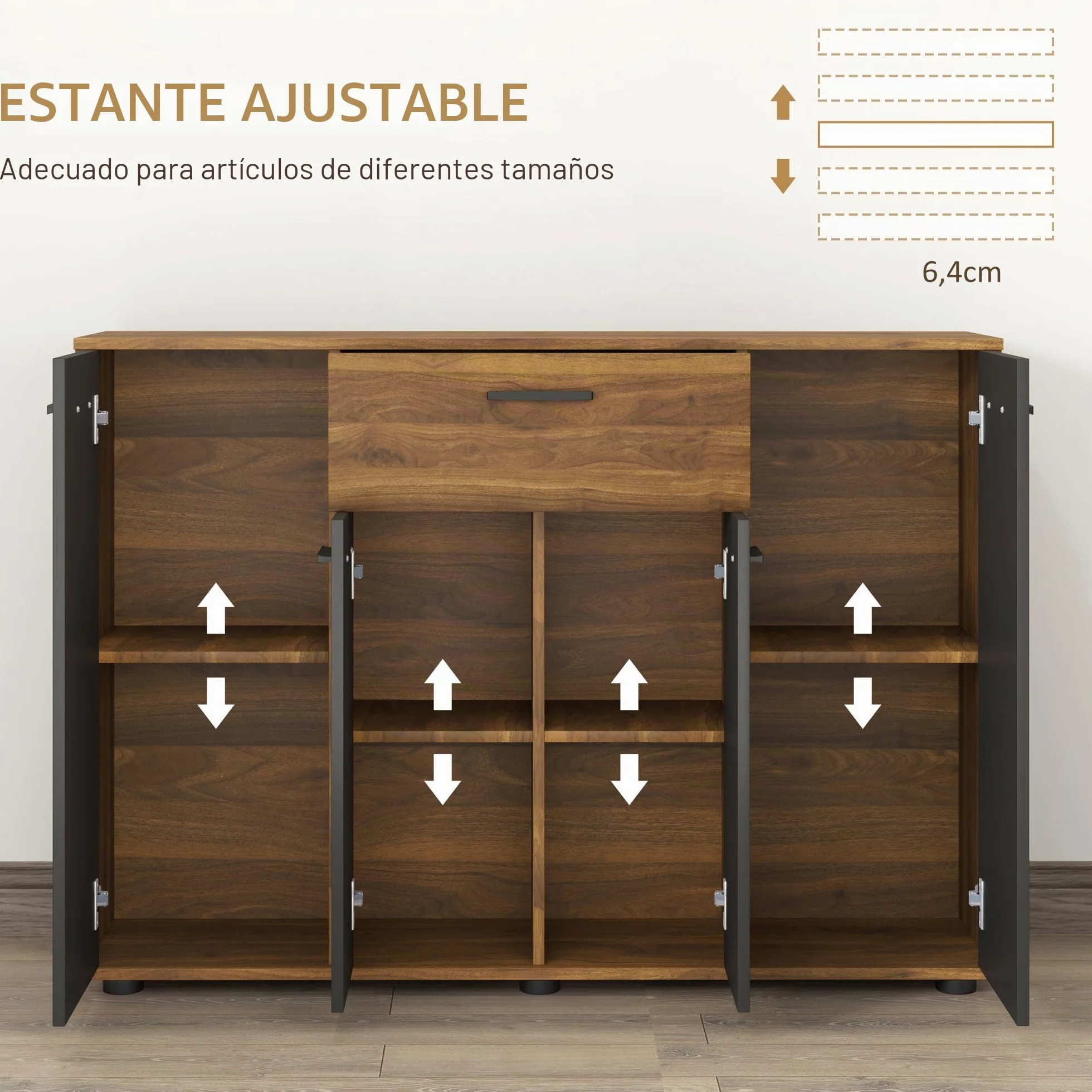HOMCOM Aparador de Almacenamiento 120x35x85cm Marrón y Negro | 4 armarios, cajones, estantes ajustables, mueble de comedor