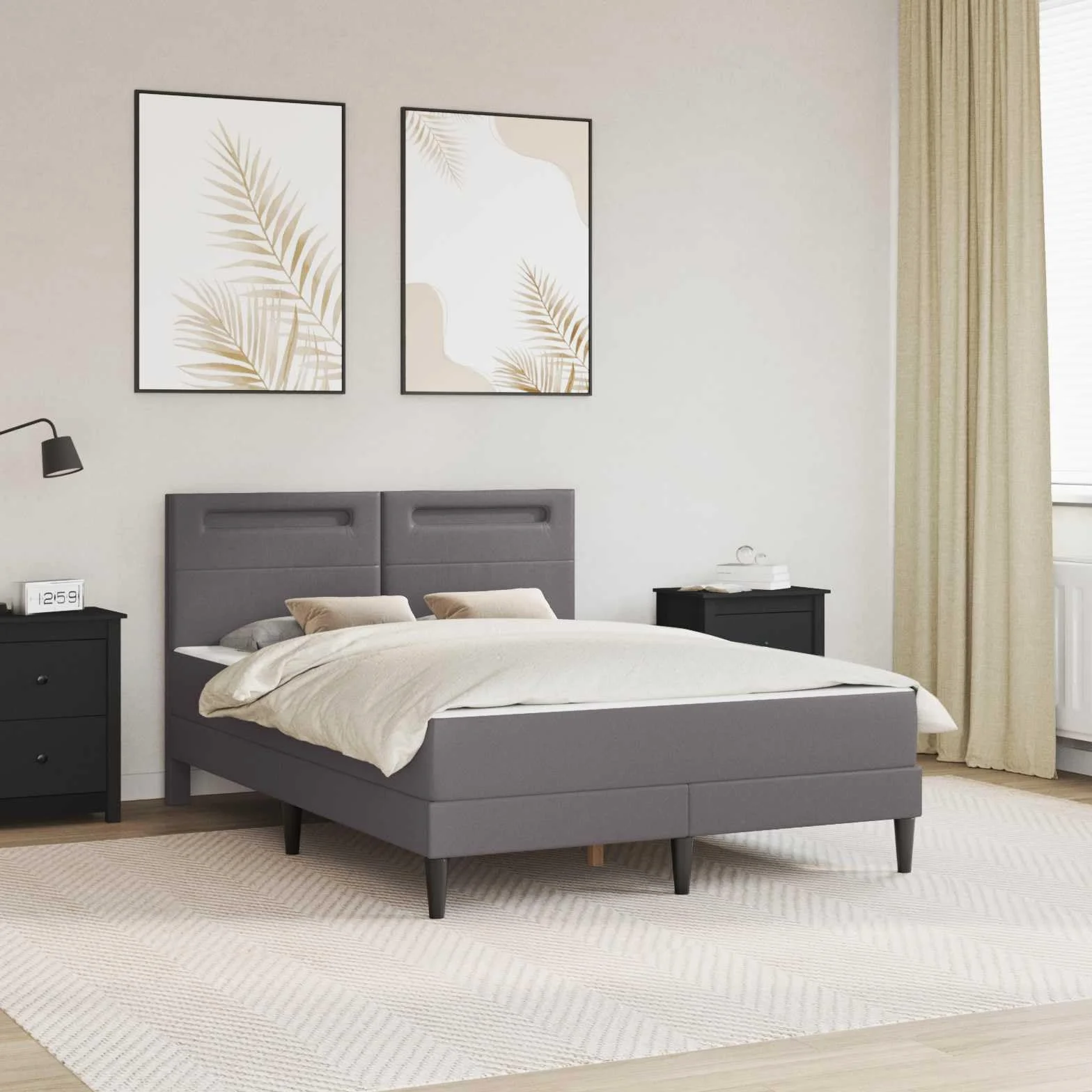 Marco de cama con tiras de luz LED, gris, 140 x 190 cm, piel sintética, cama de madera maciza con espacio de almacenamiento y cabecero para cama de matrimonio