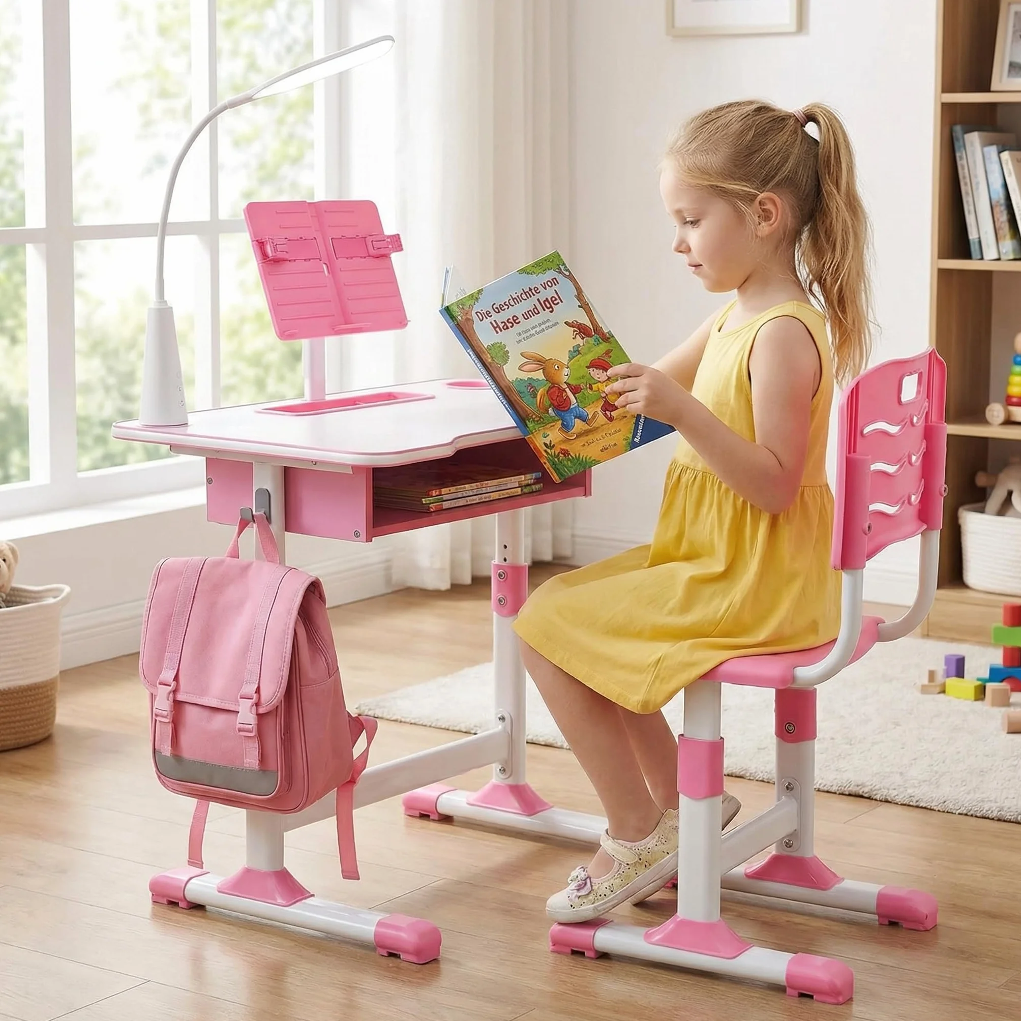 Escritorio para niños, altura regulable, escritorio juvenil, escritorio para estudiantes, mesa de estudiante, soporte para libros, cajón y silla ergonómica de escritorio (rosa)