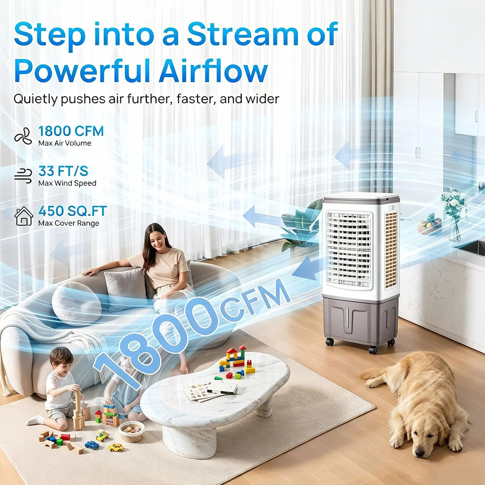 Enfriador de aire evaporativo, ventilador enfriador de aire portátil de 75 W con tanque de agua, hasta 30 L, entrada de aire mejorada de 3 lados, llenado superior, 3 modos, 3 velocidades para