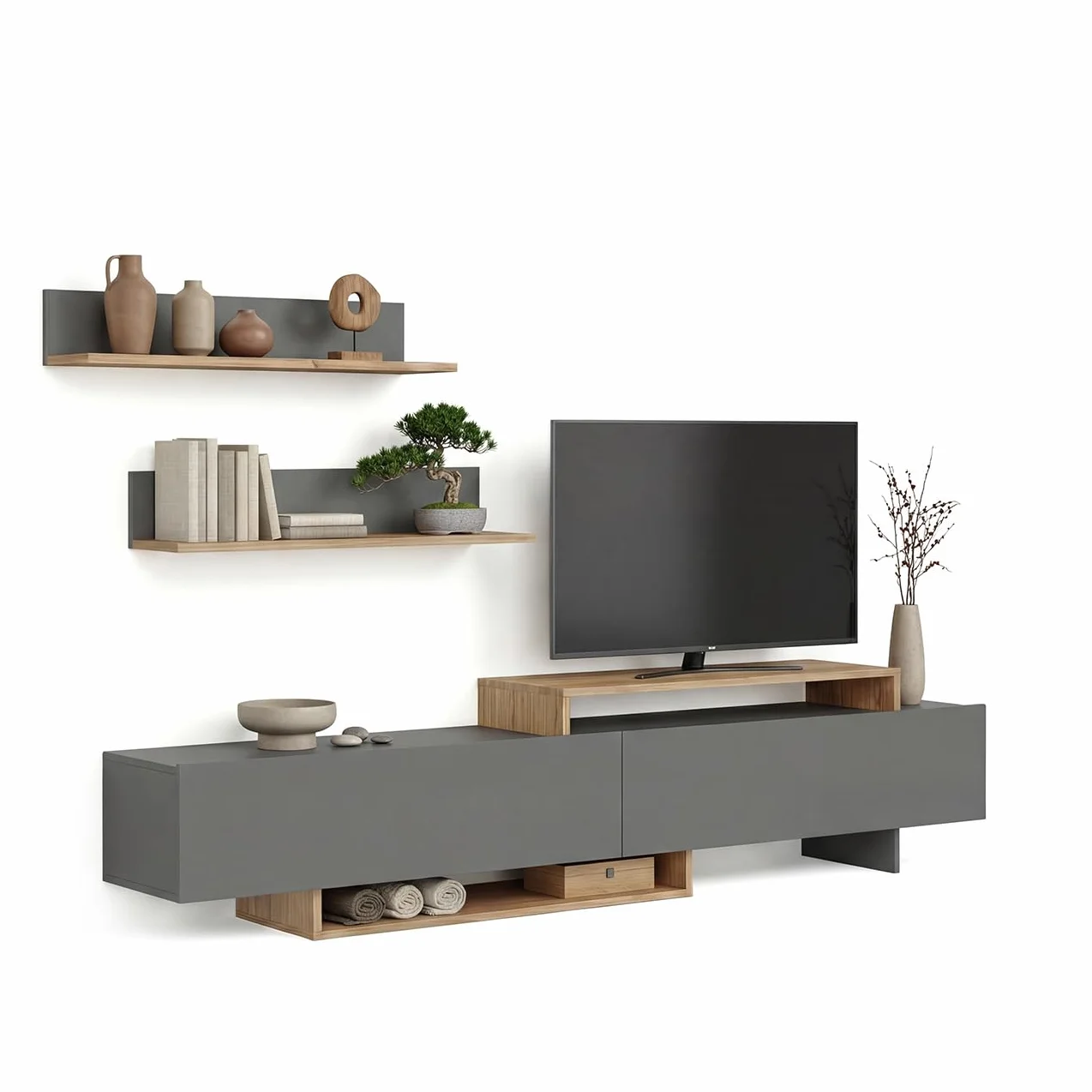 duehome | Mueble de Salón, Composición Modular de TV, Modelo: Bender 200, Acabado en Gris Grafito y Alpino, Medidas: 200 cm (Largo) x 33 cm (Fondo) x 46 cm (Alto)