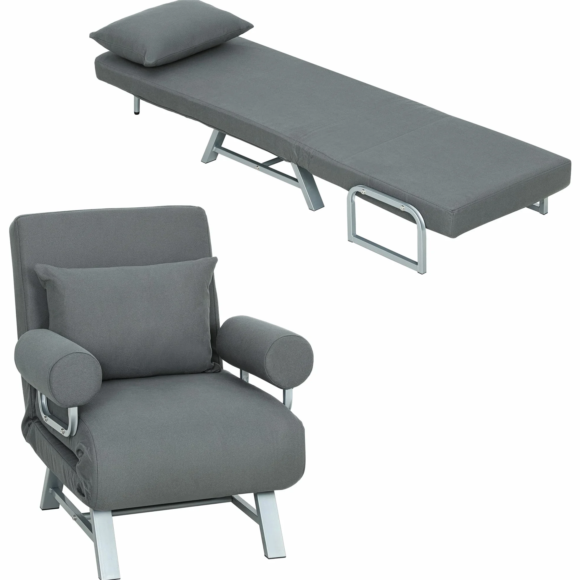 HOMCOM Sofá Cama de 1 Plaza 3 en 1, Sofá Cama Plegable Tapizado en Lino Sintético con Respaldo Ajustable de 5 Niveles y Almohada Acolchada, para Oficina, Dormitorio, Salón, 73x78x81 cm, Gris Oscuro