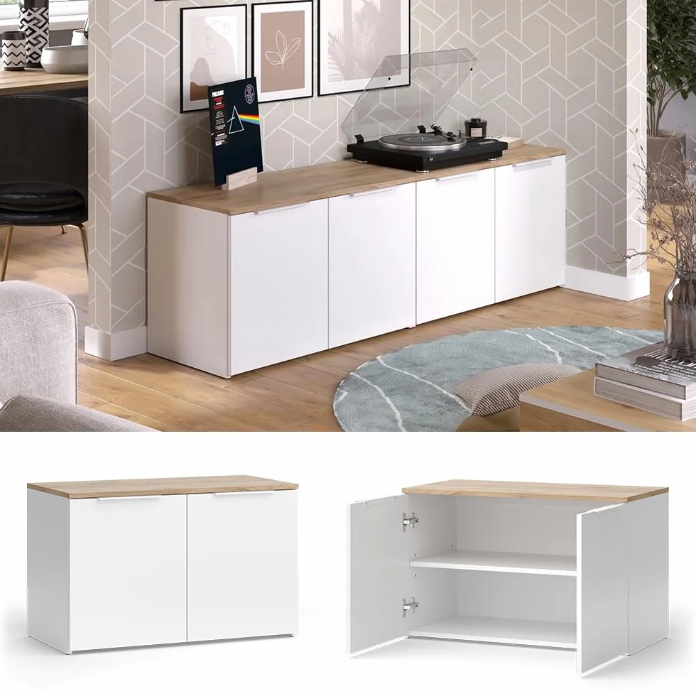 Vicco Conjunto de salón Wido, Blanco/Sonoma, 2 Partes, para el Almacenamiento y la presentación de Dispositivos Multimedia