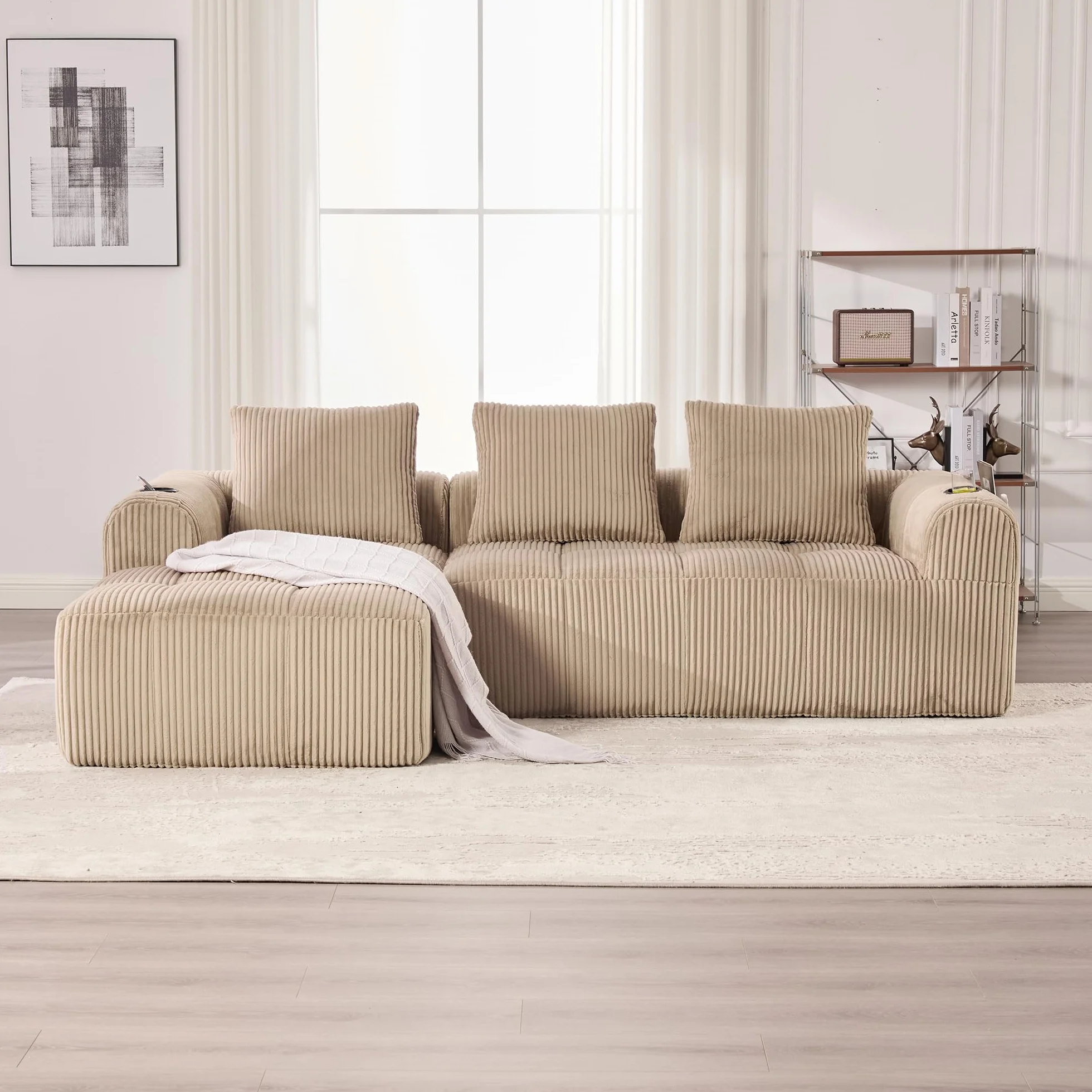 Soweiz Sofá compacto de pana – Sofá modular suave con bolsillo lateral y soporte para bebidas, comodidad para sentarse durante mucho tiempo, incluye 3 almohadas. Para salón, estudio y más (caqui)