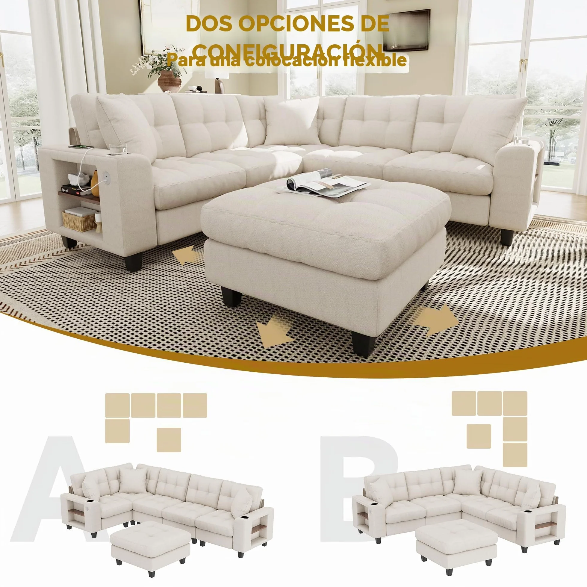 Sapgaks Sofá modular moderno de 6 plazas, con USB y portavasos, sofá de esquina modular muy grande en forma de U/L, con reposapiés extraíble y apoyabrazos con estantería, tela de chenilla, beige